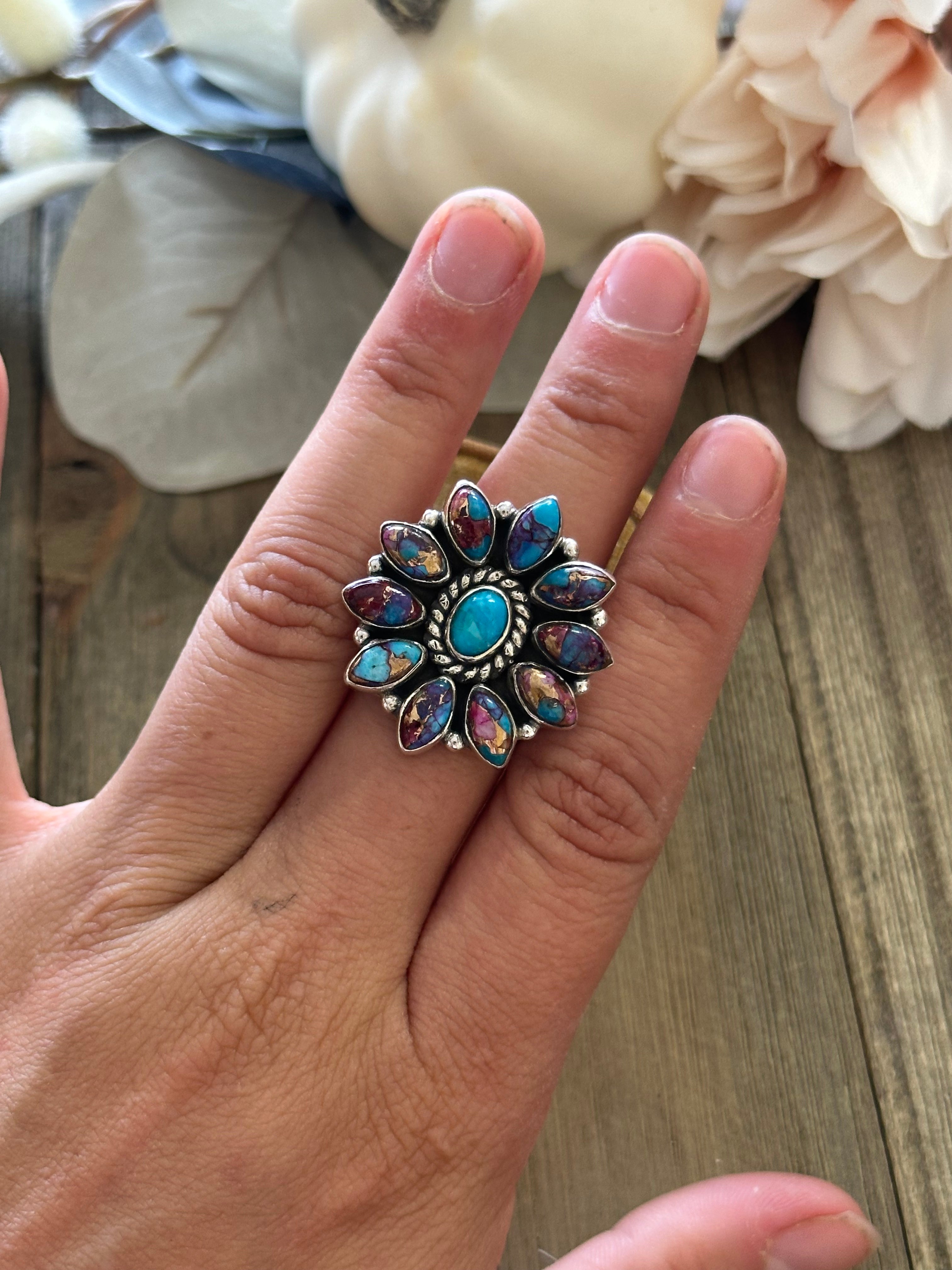 Southwest Handmade Mohave Turquoise & Sterling Silver Adjustable Cluster Ring