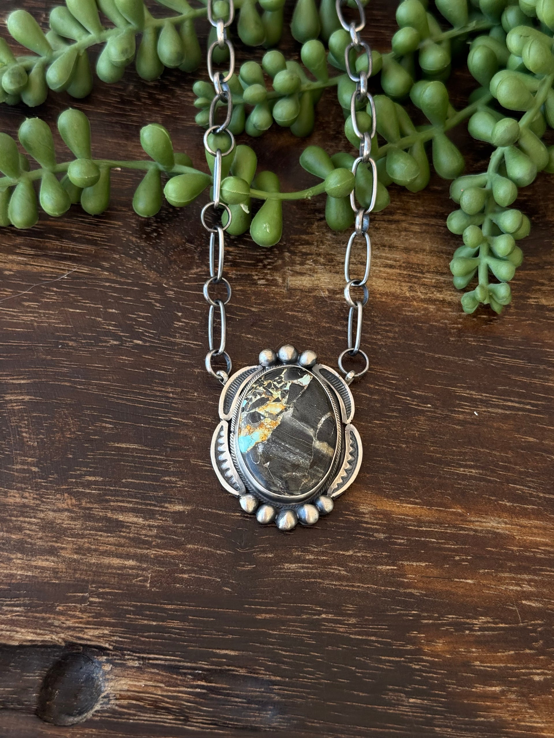 Navajo Made Black Jack Turquoise & Sterling Silver Necklace