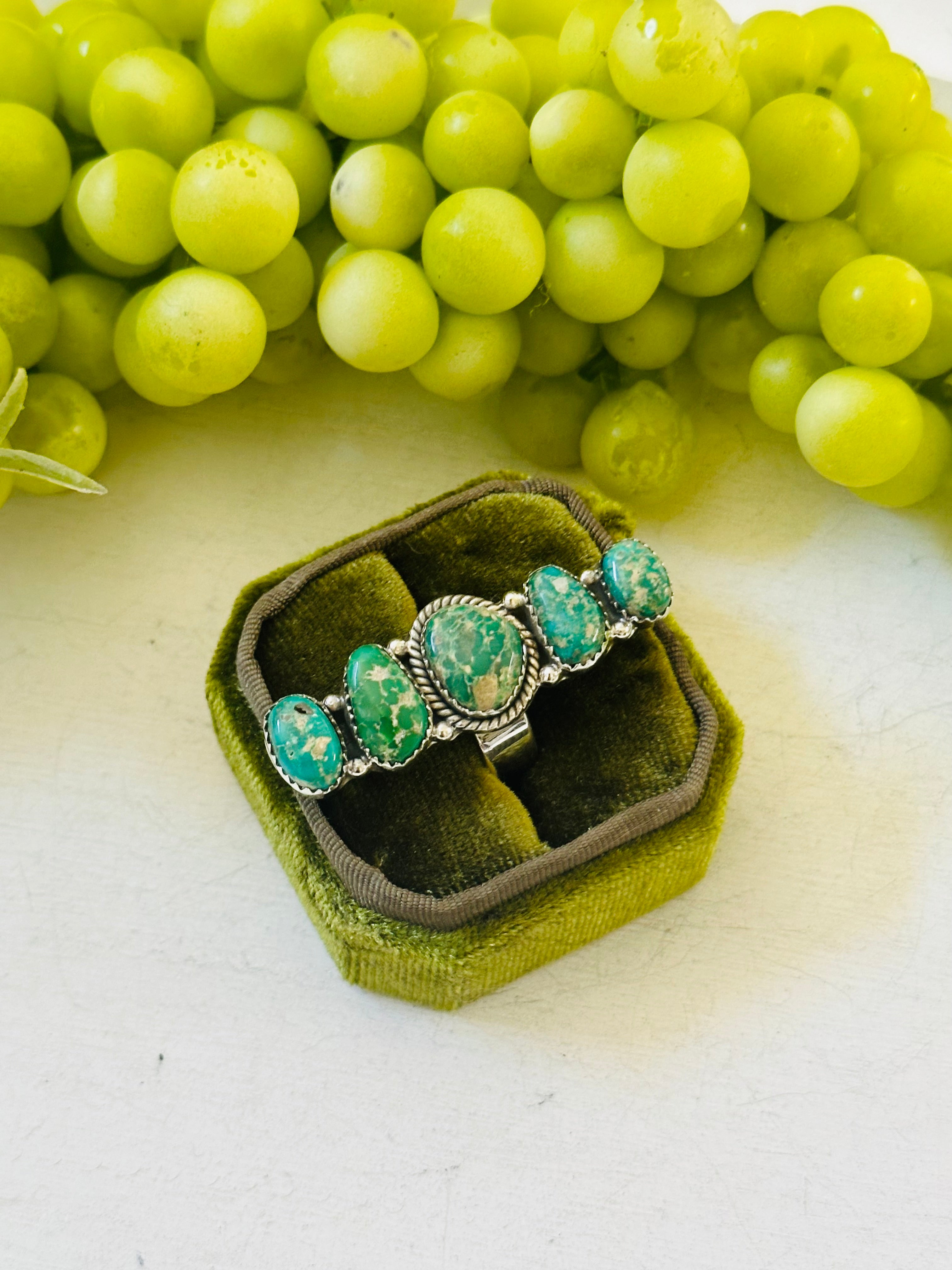 Southwest Handmade Emerald Valley Turquoise & Sterling Silver Adjustable Cluster Ring