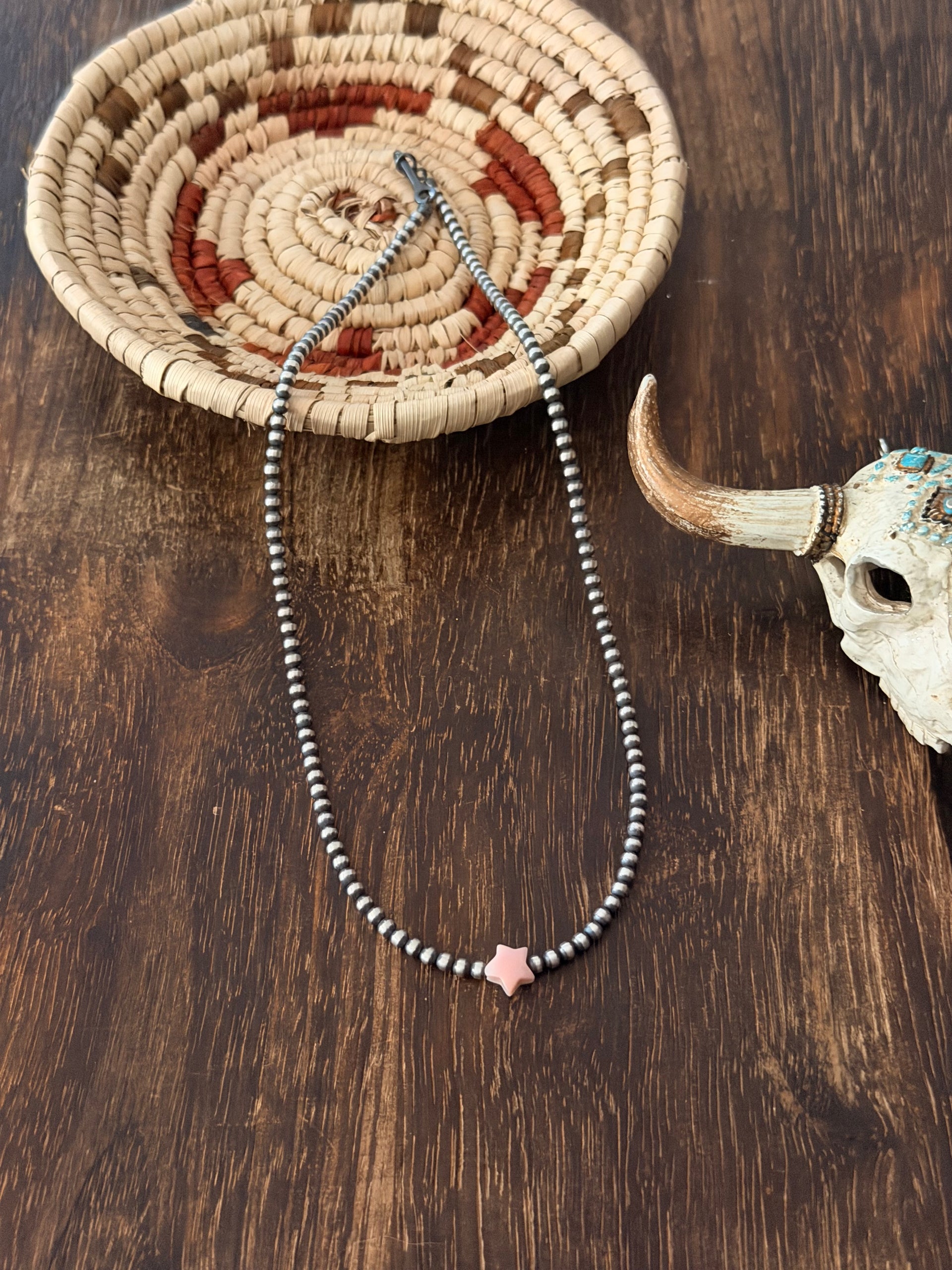 Navajo Strung Pink Conch & Sterling Silver Star Necklace