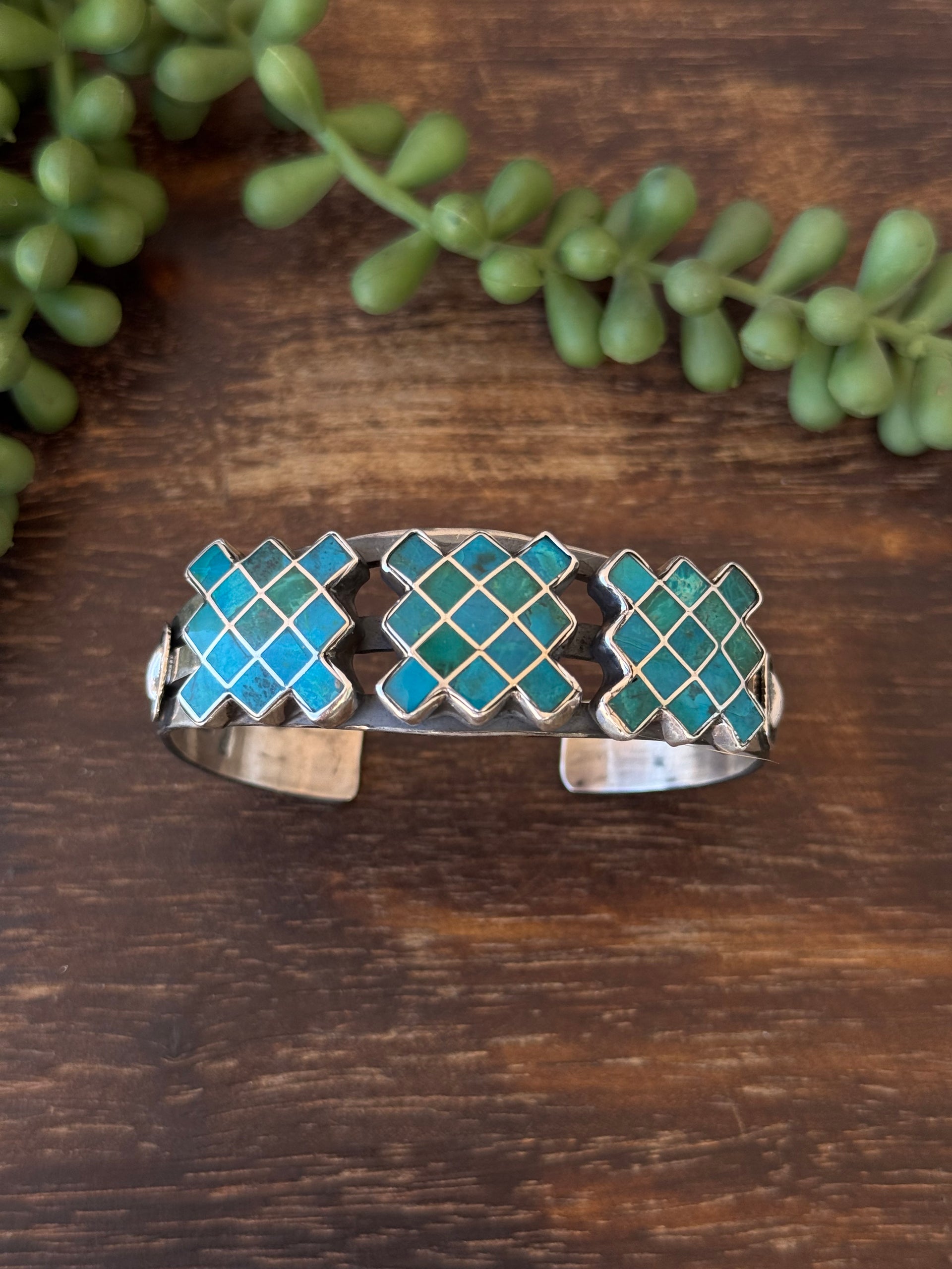 Vintage Navajo Made Sterling Silver Inlay Cuff Bracelet