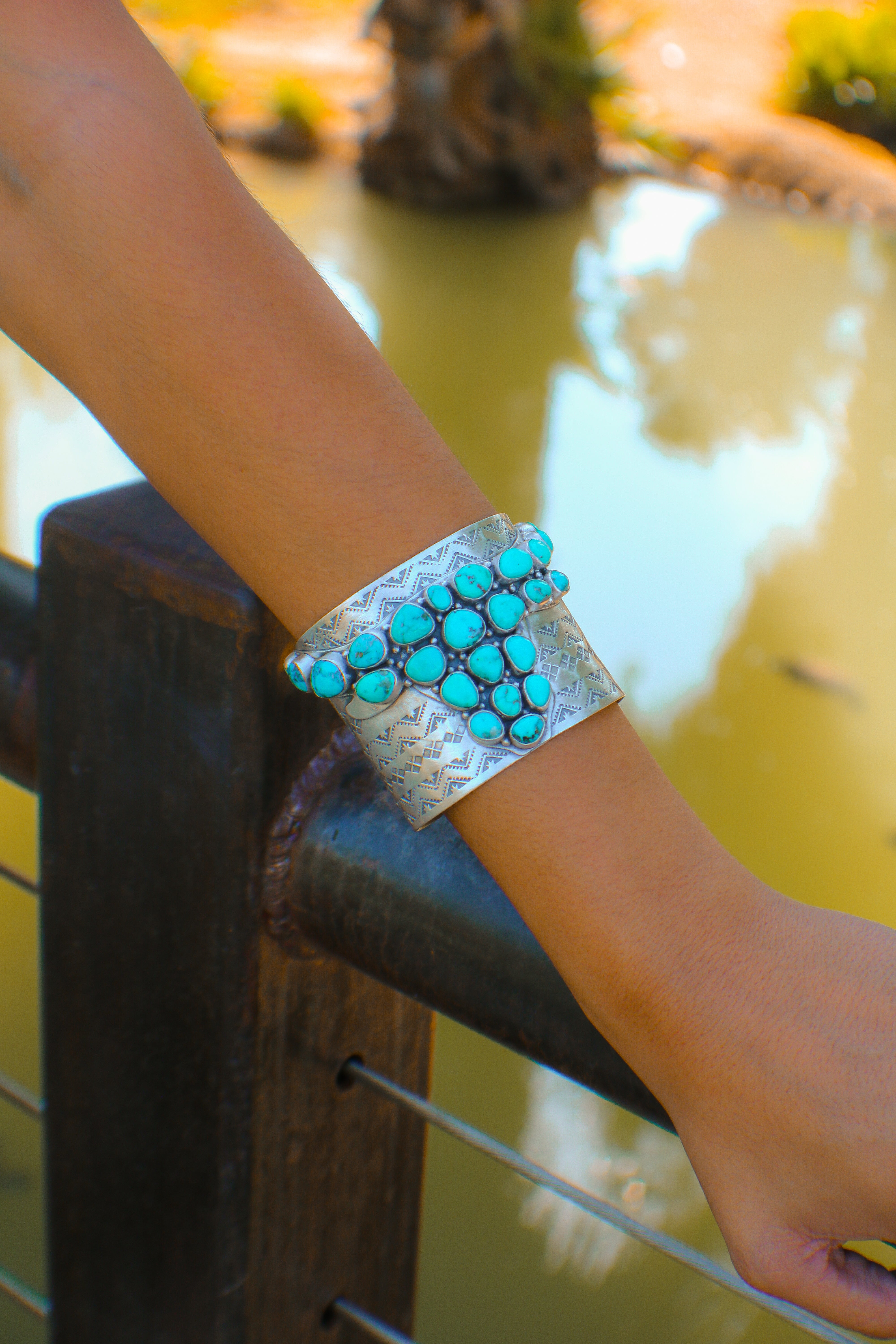 Navajo Made Kingman Turquoise & Sterling Silver Bull Cluster Cuff Bracelet