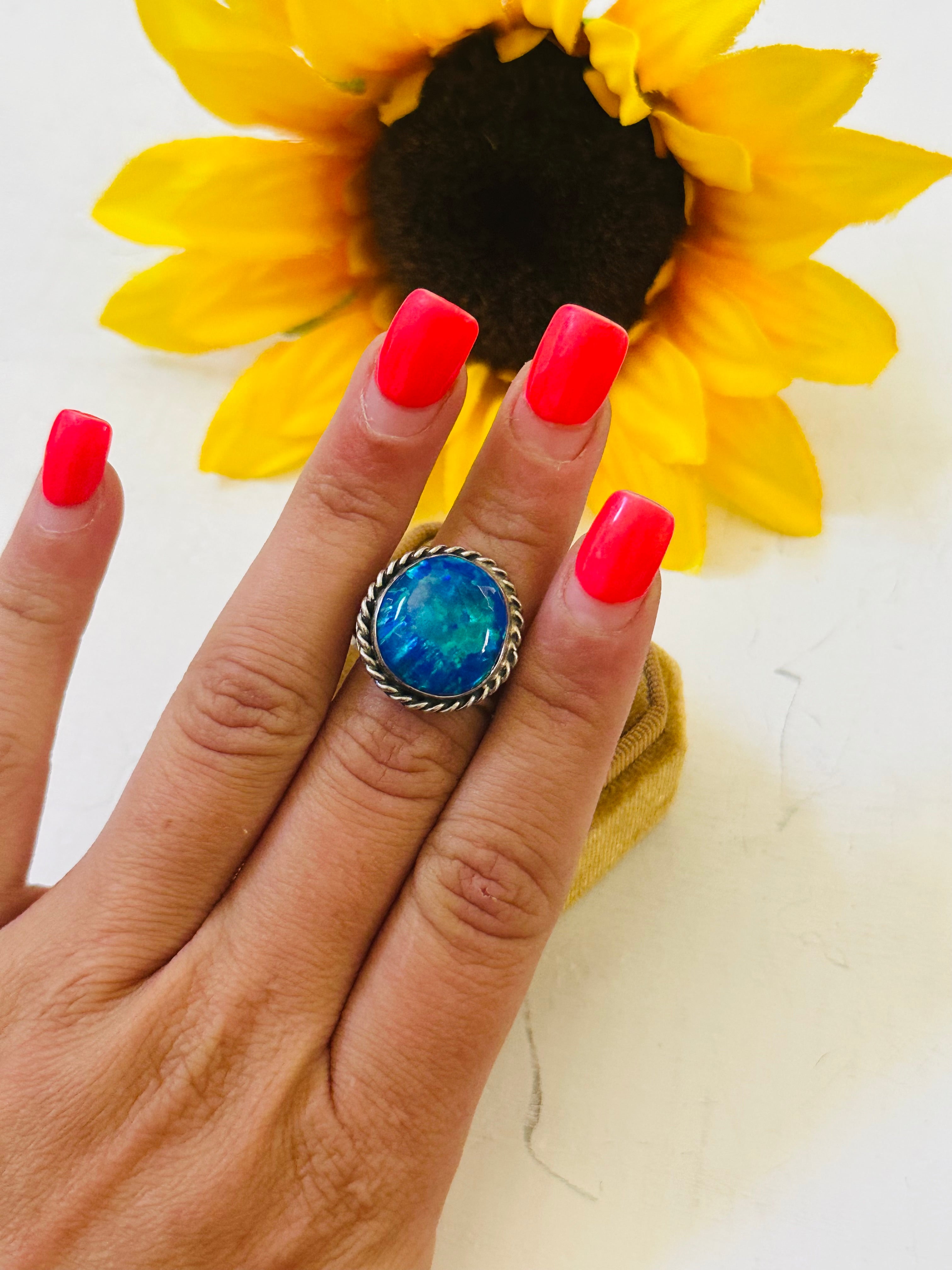 Navajo Made Blue Opal & Sterling Silver Ring Size 8