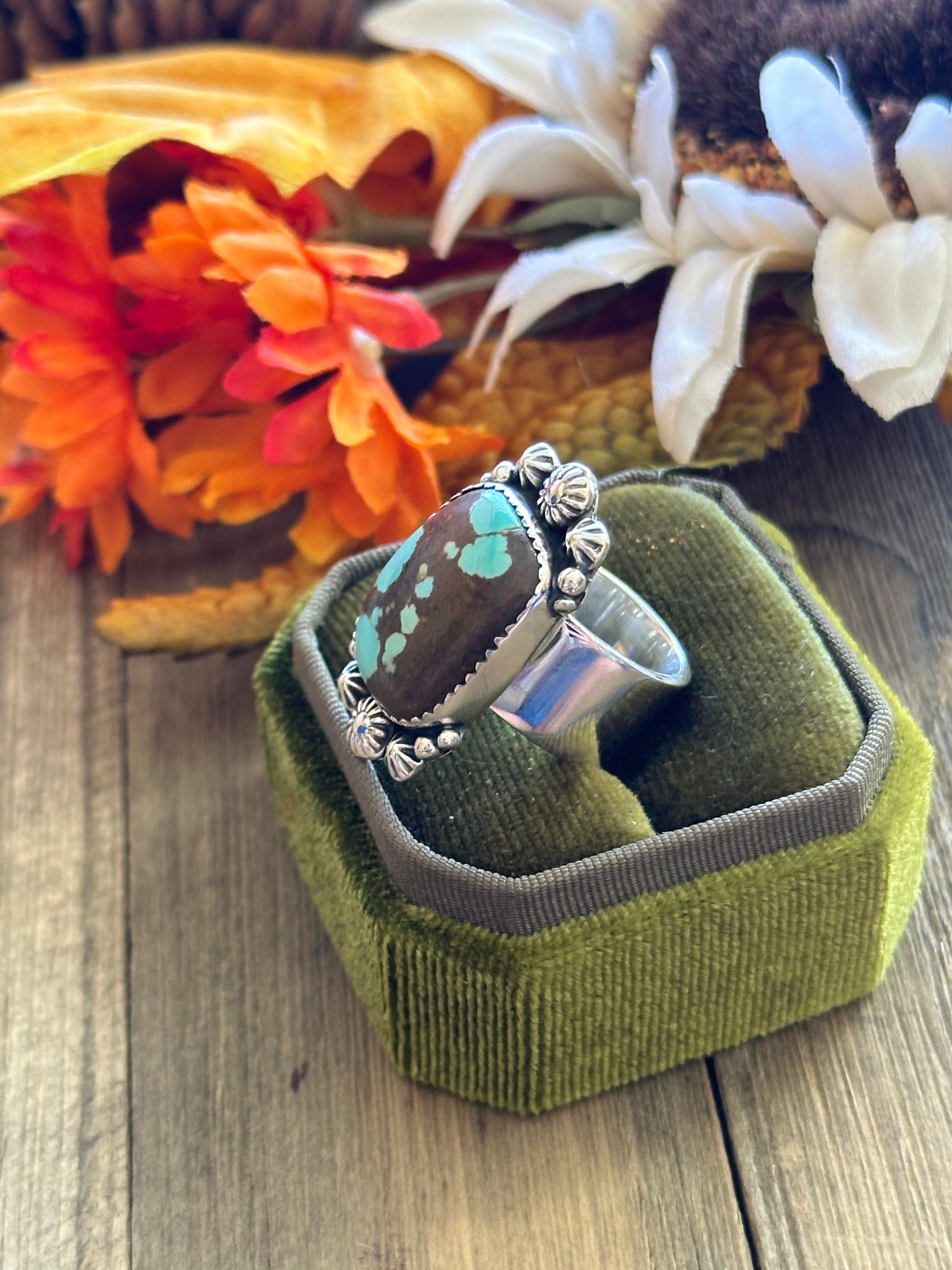 Southwest Handmade #8 Turquoise & Sterling Silver Adjustable Ring