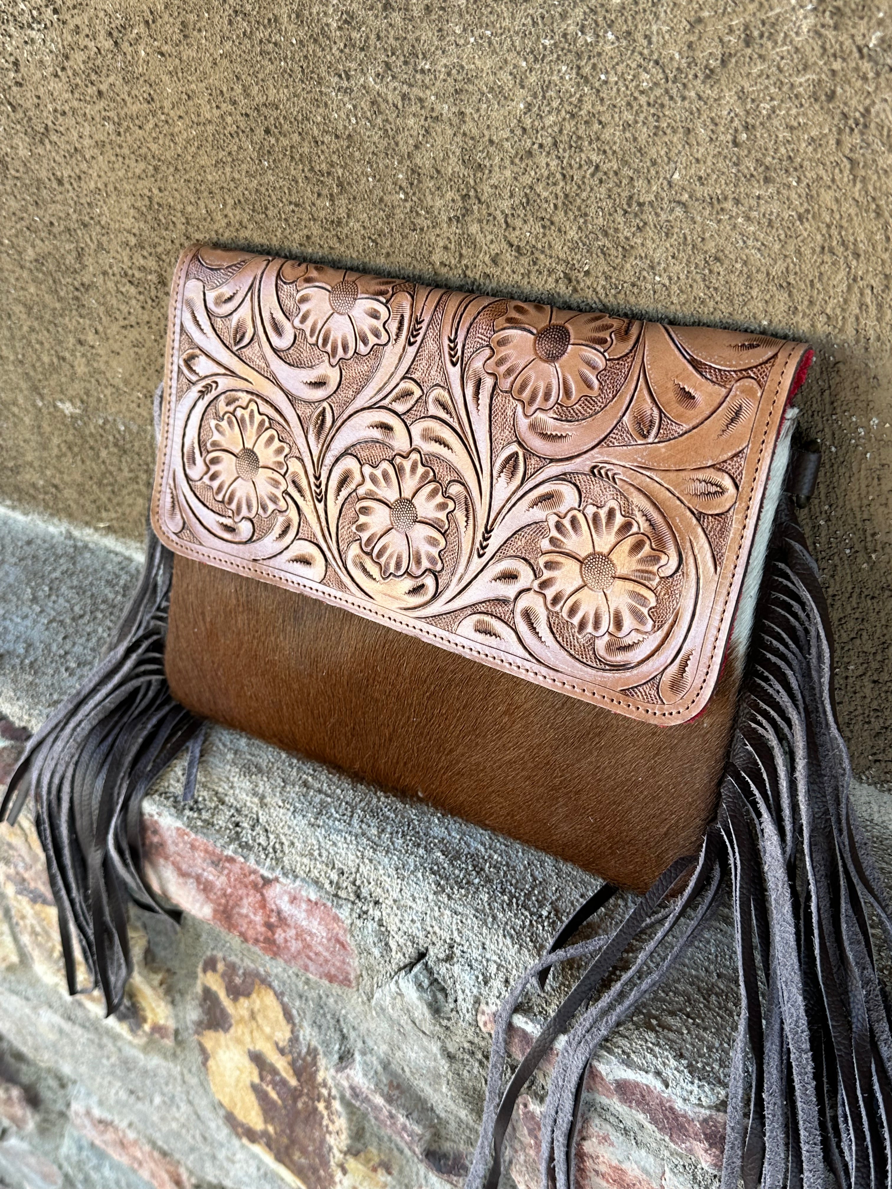 Genuine Tooled Leather & Cowhide FringePurse