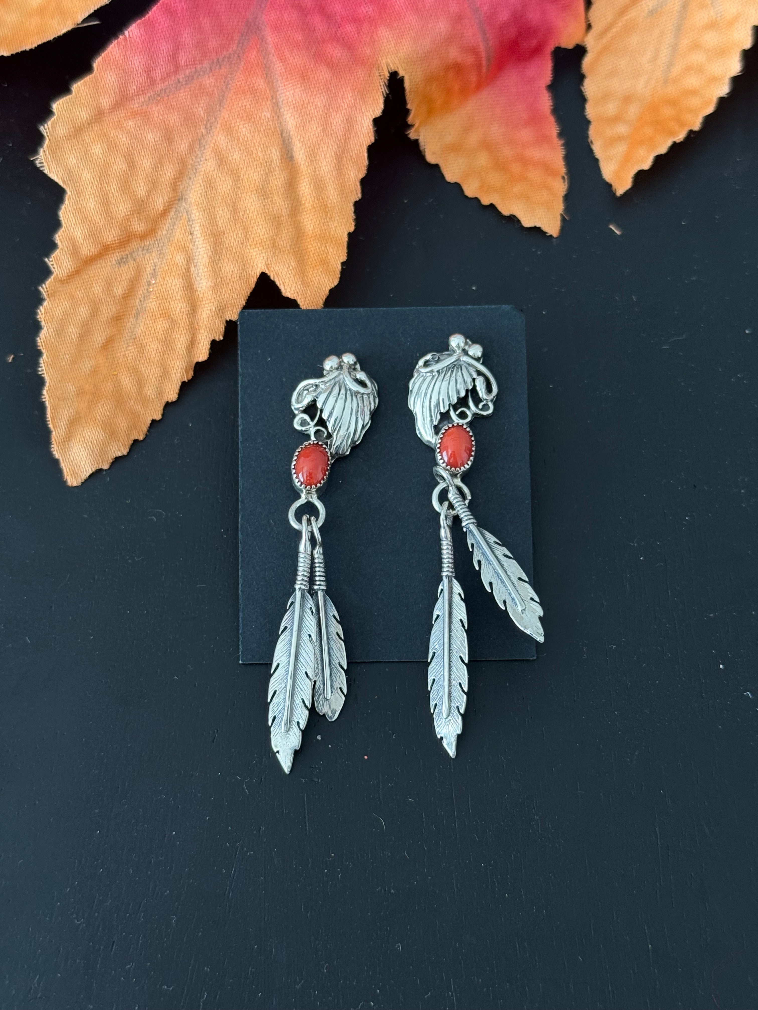 Navajo Made Coral & Sterling Silver Post Dangle  Earrings