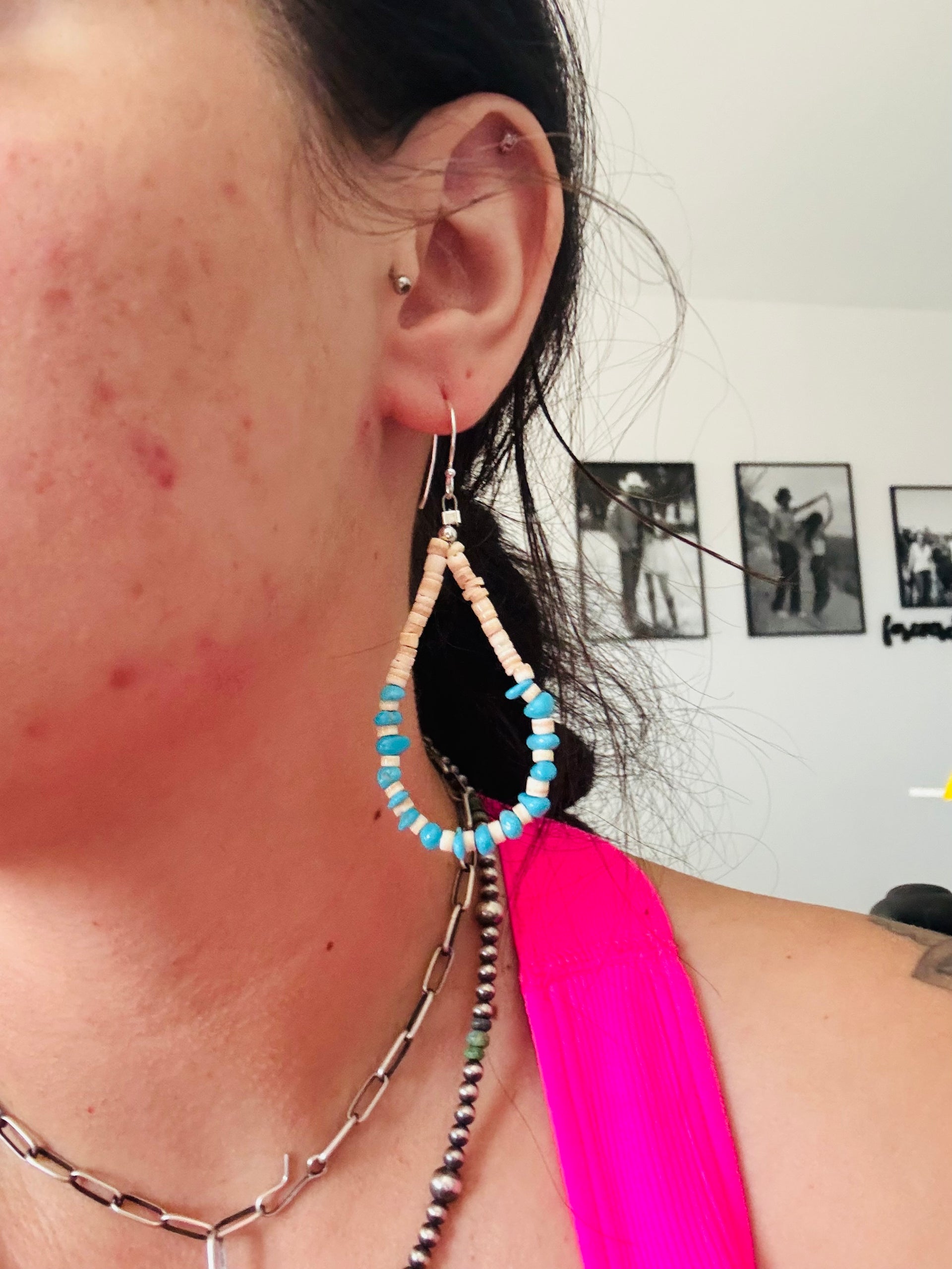 Southwest Strung Kingman Turquoise & Sterling Silver Beaded Heshi Dangle Earrings