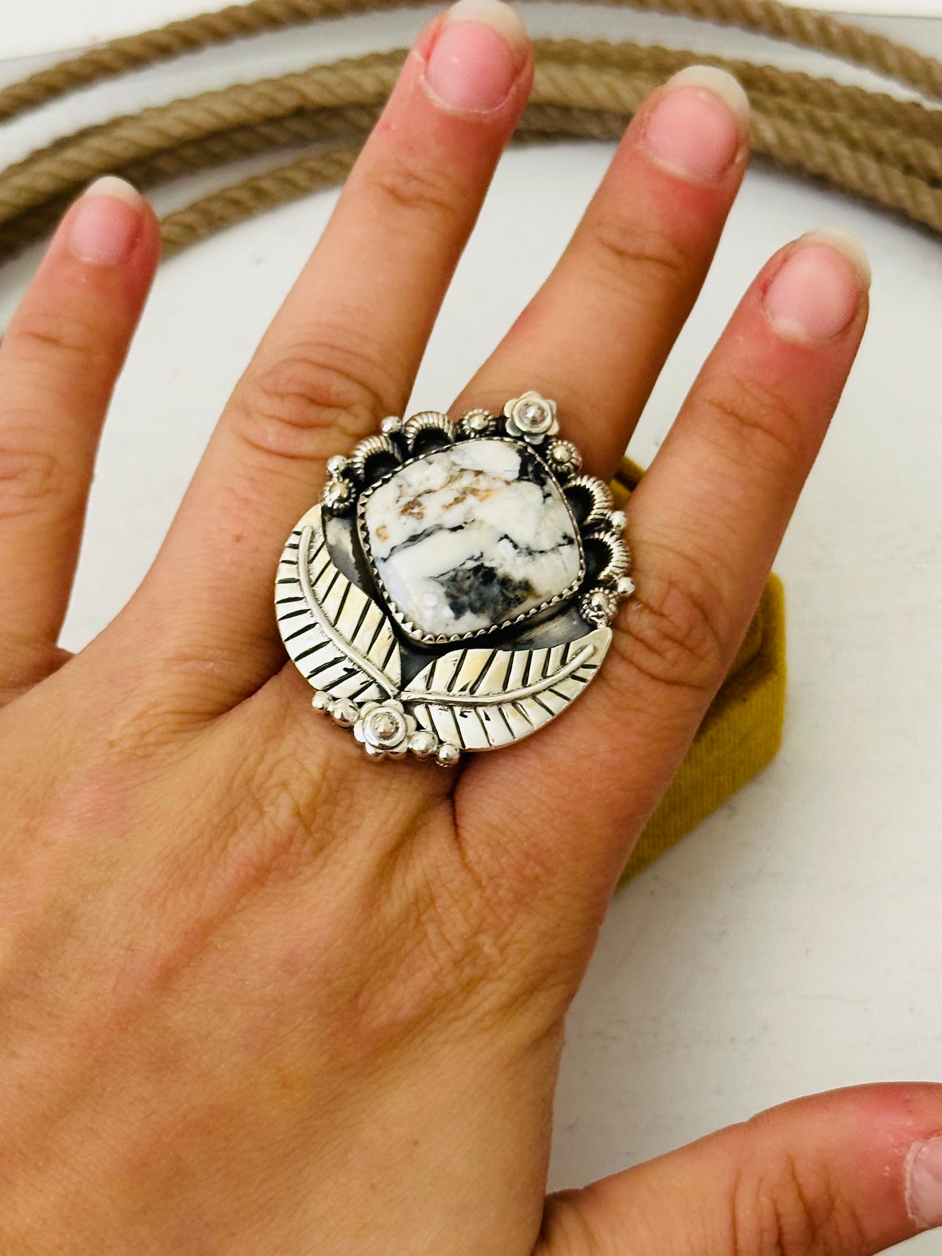 Southwest Handmade White Buffalo & Sterling Silver Adjustable Ring