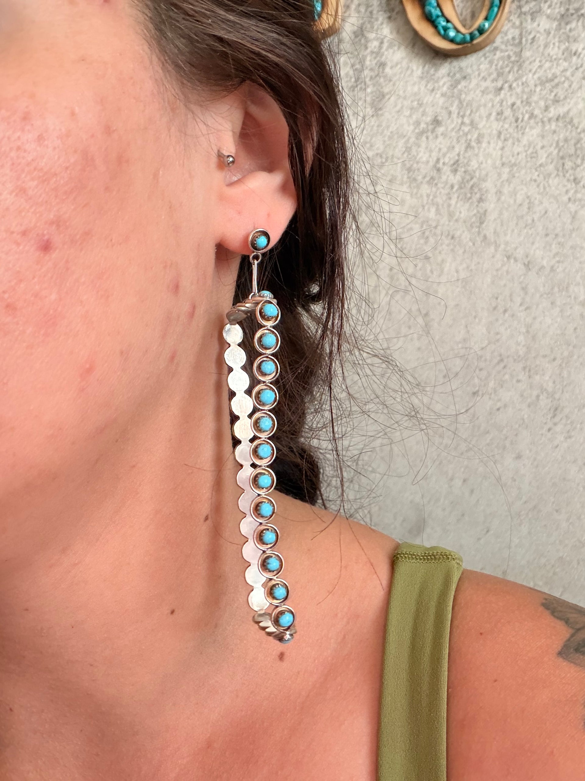 Zuni Made Kingman Turquoise & Sterling Silver Post Dangle Earrings