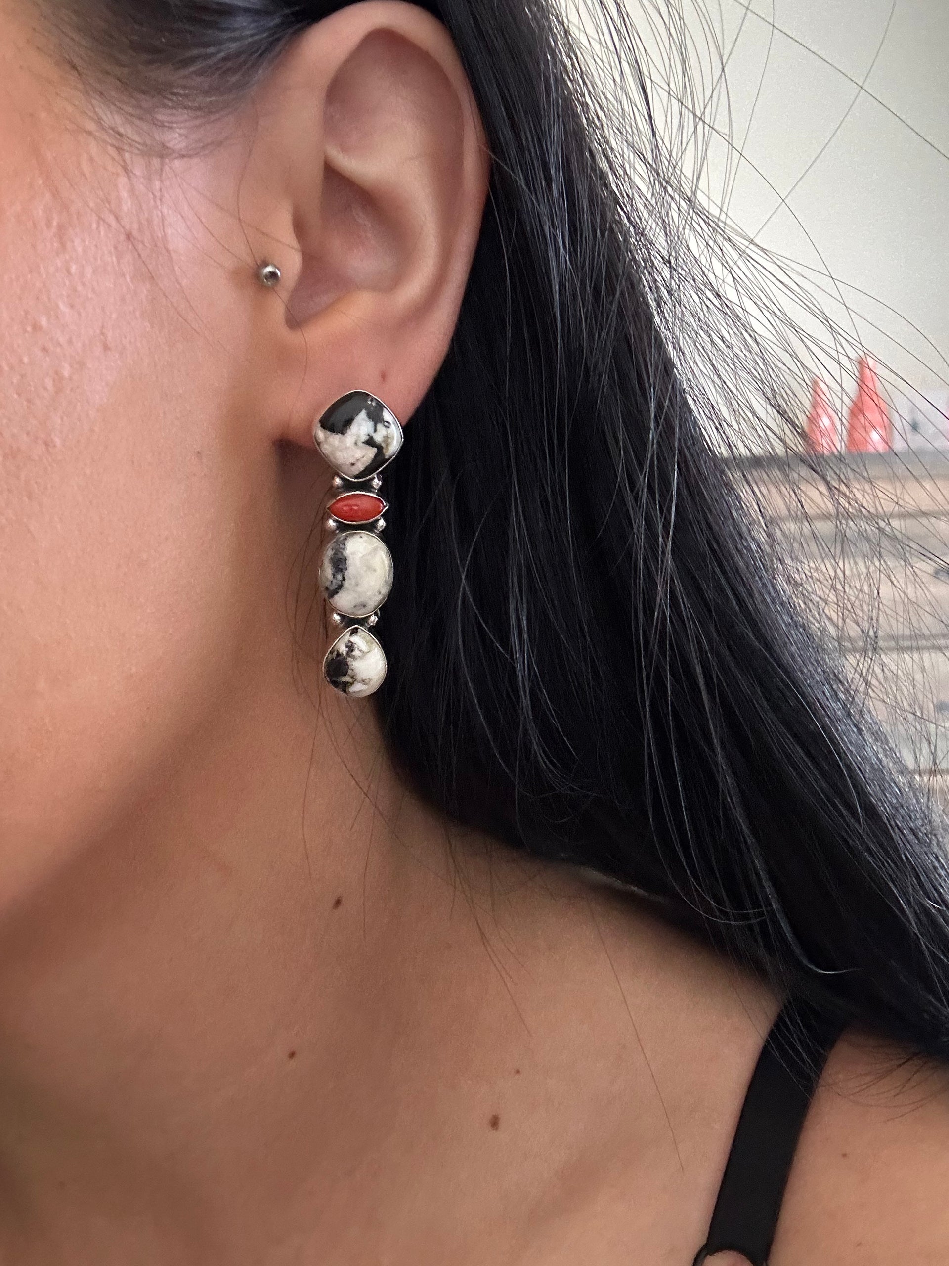 Southwest Handmade Multi Stone & Sterling Silver Post Cluster Dangle Earrings