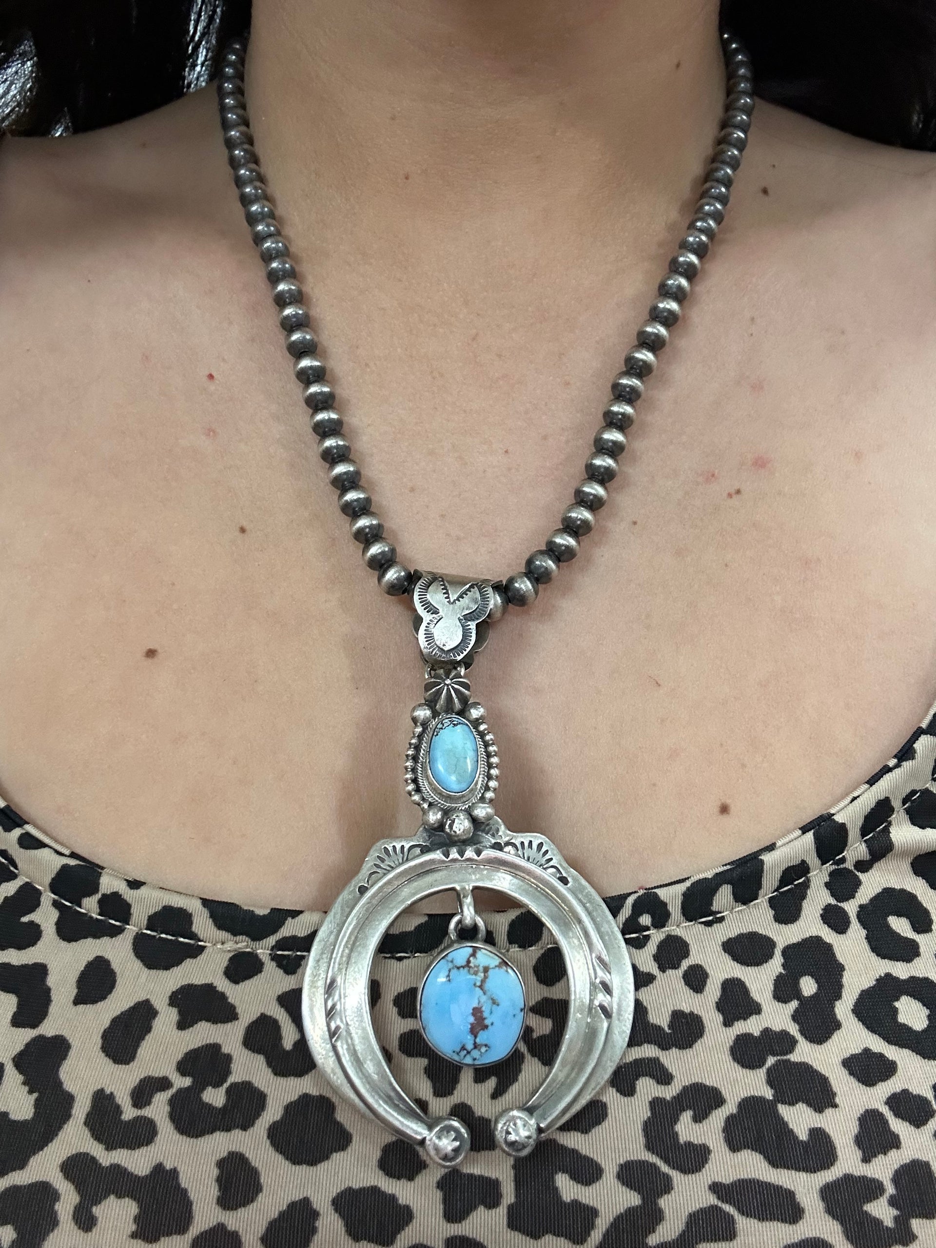 Navajo Made Golden Hills Turquoise & Sterling Silver Naja Necklace