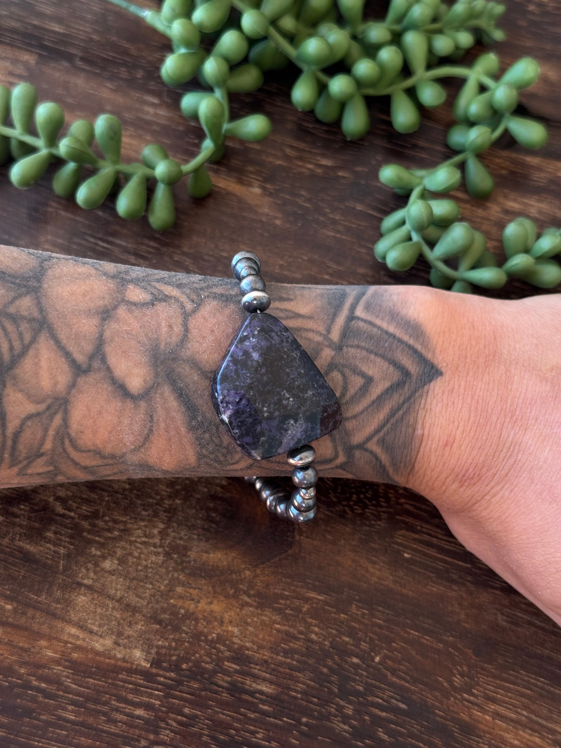 Navajo Strung Charoite & Sterling Silver Pearl Bracelet