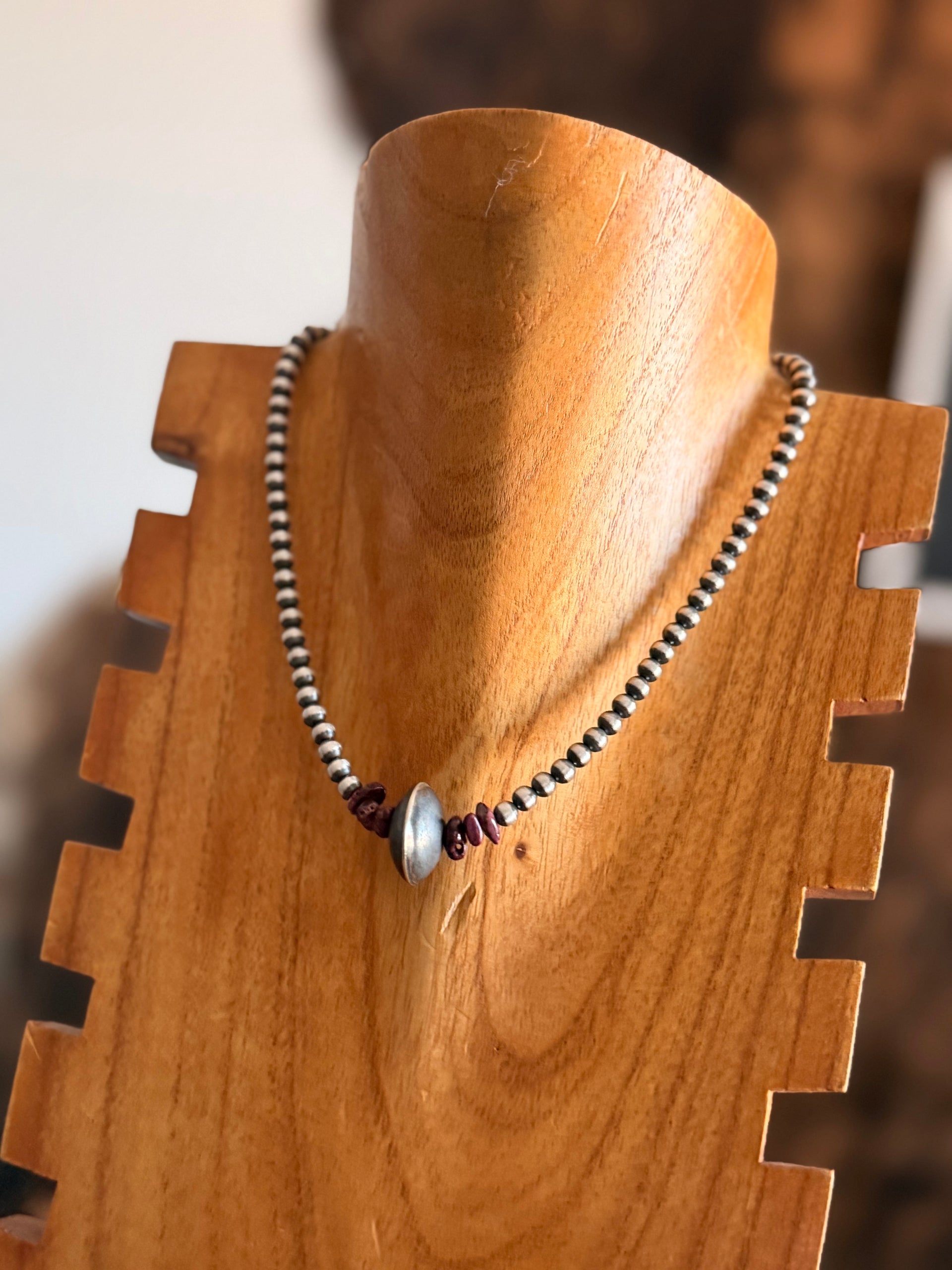 Navajo Strung Spiny Oyster & Sterling Silver Graduated & Saucer Pearl Necklace