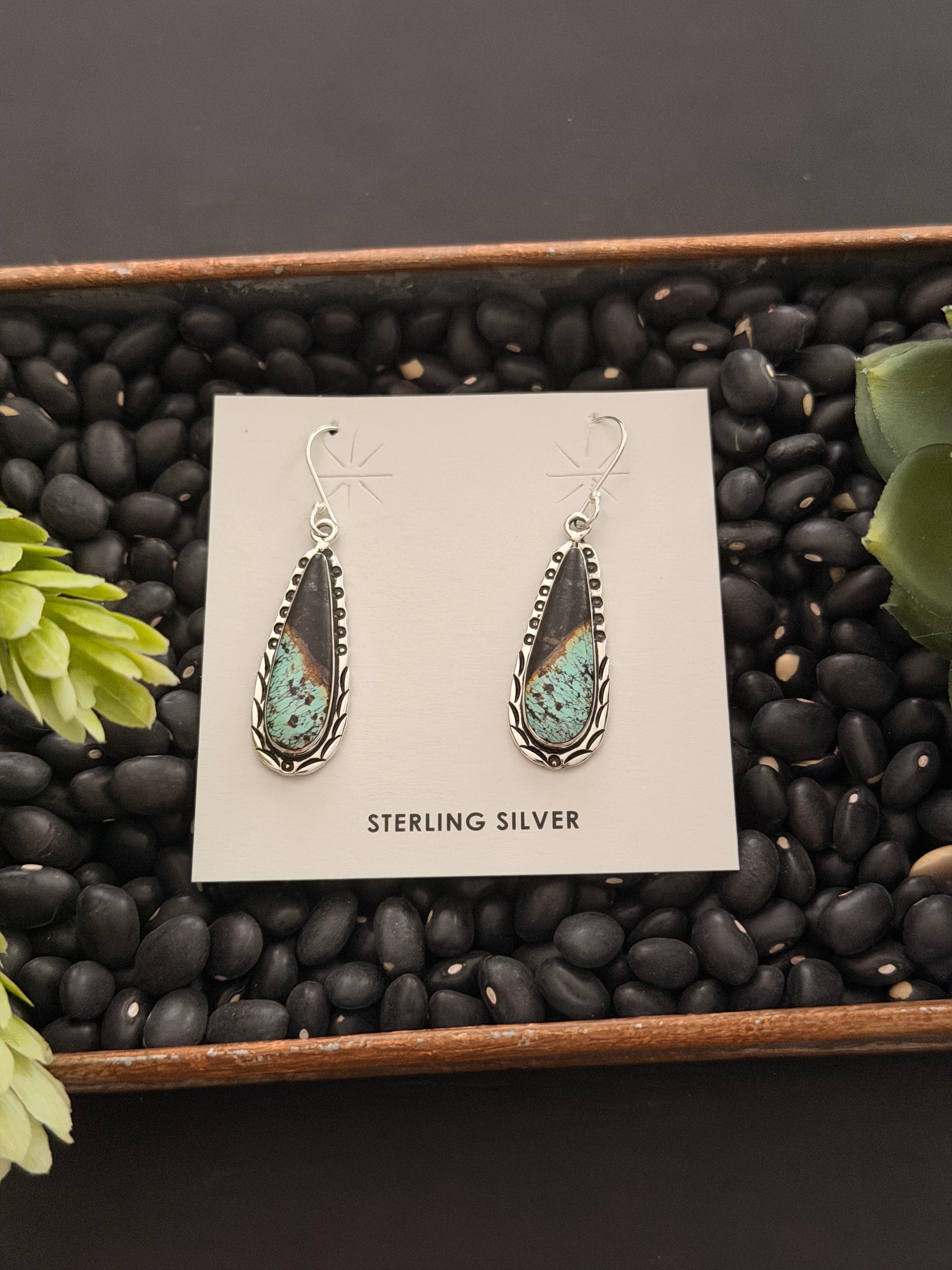 Navajo Made Black Jack Turquoise & Sterling Silver Dangle Earrings