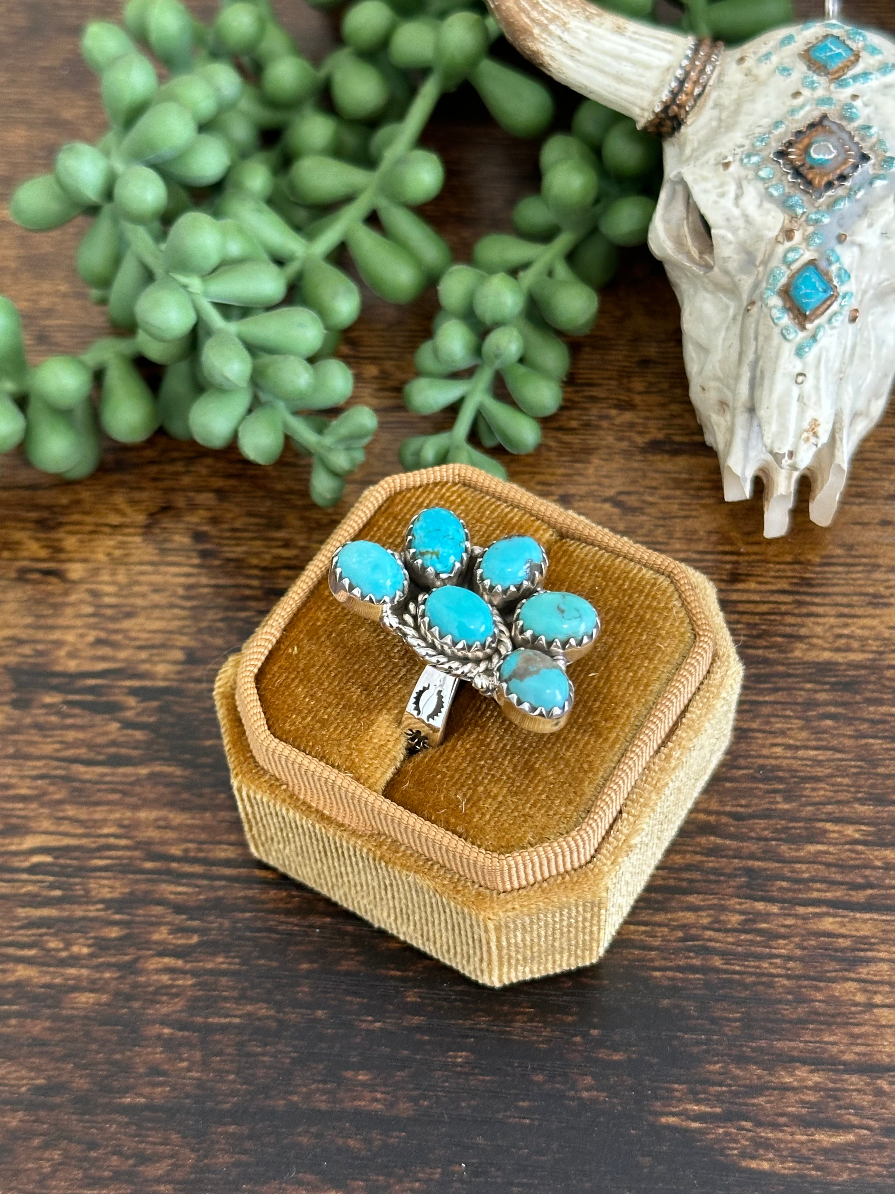 Southwest Handmade Kingman Turquoise & Sterling Silver Adjustable Cluster Ring