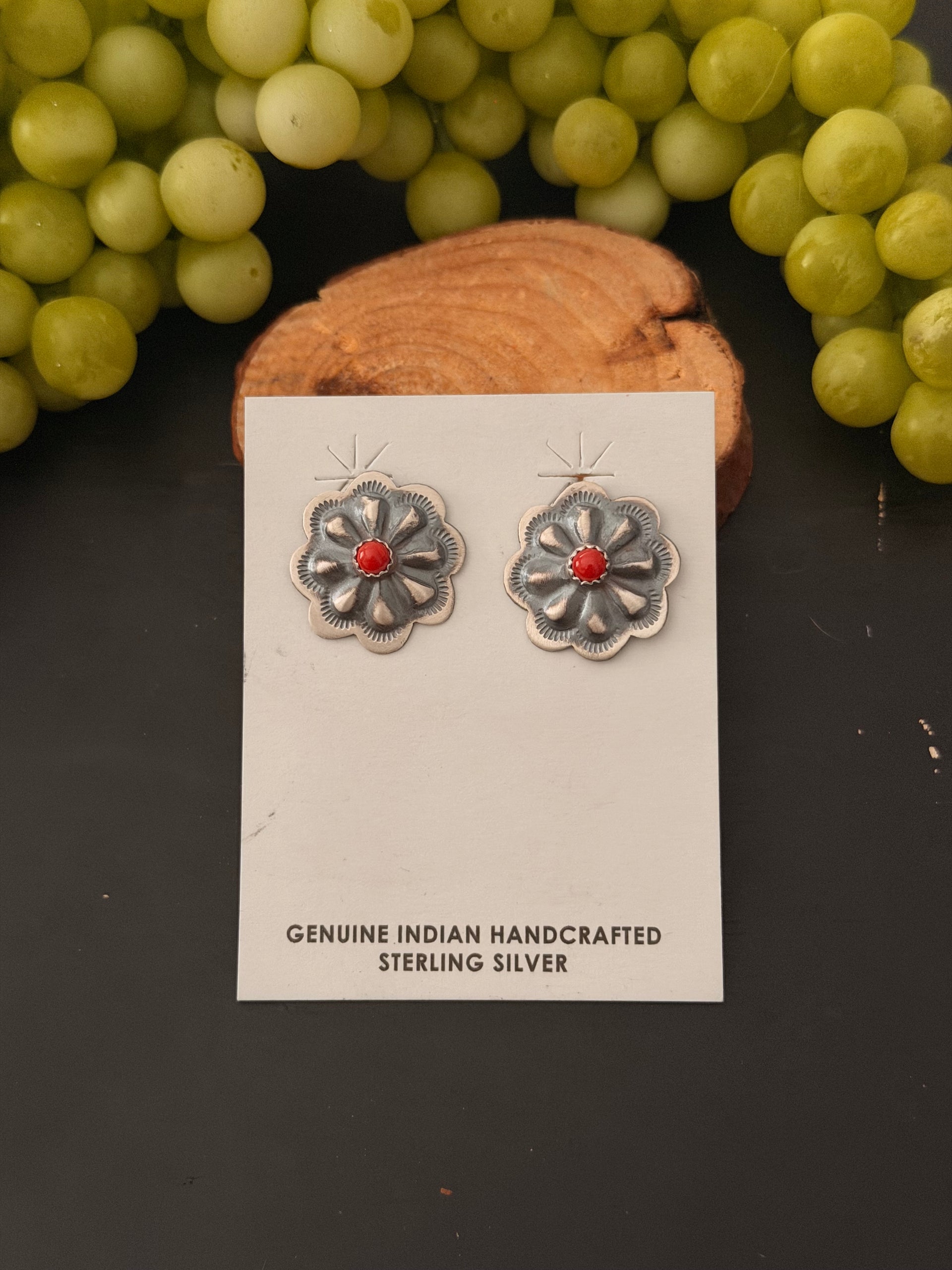 Navajo Made Coral & Sterling Silver Post Concho Earrings