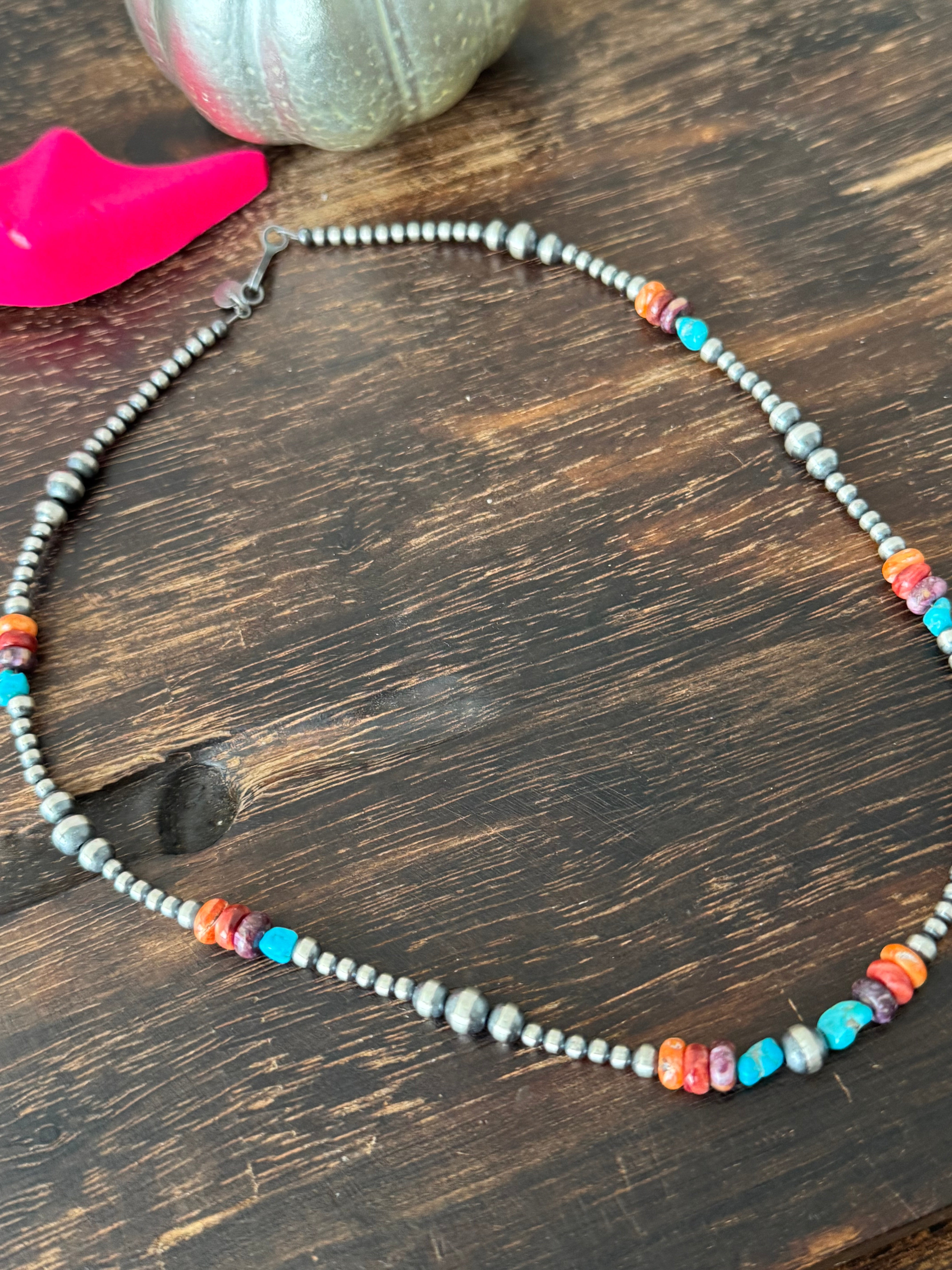 Navajo Strung Multi Stone & Sterling Silver Graduated Pearl Necklace