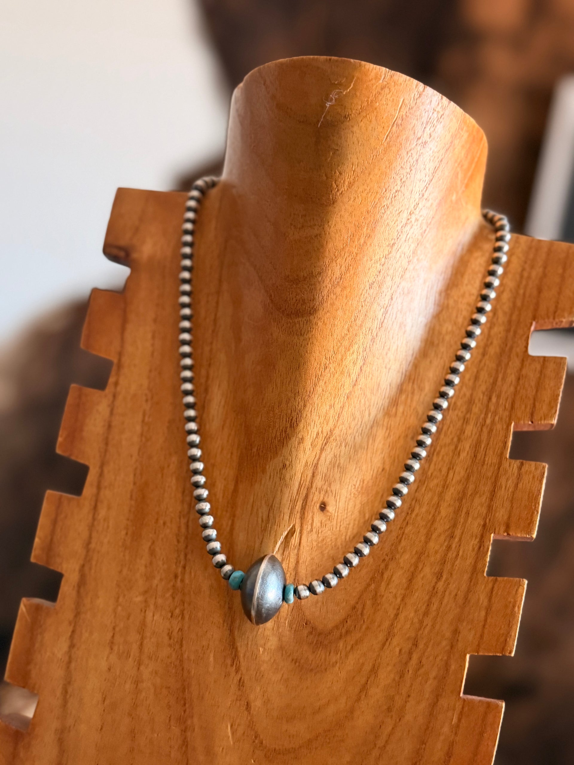 Navajo Strung Kingman Turquoise & Sterling Silver Graduated & Saucer Pearl Necklace