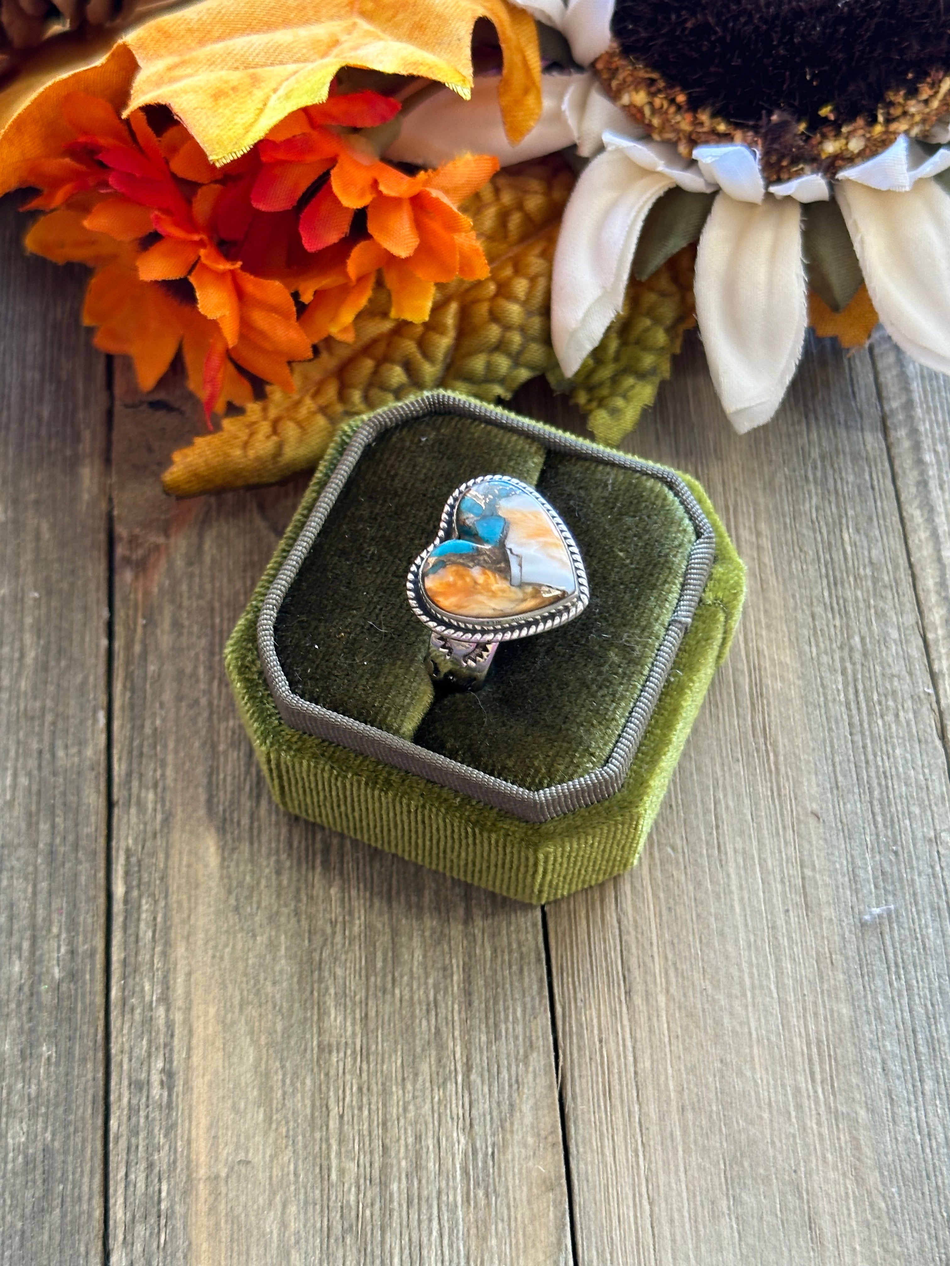 Southwest Handmade Mohave Turquoise & Sterling Silver Adjustable Heart Ring