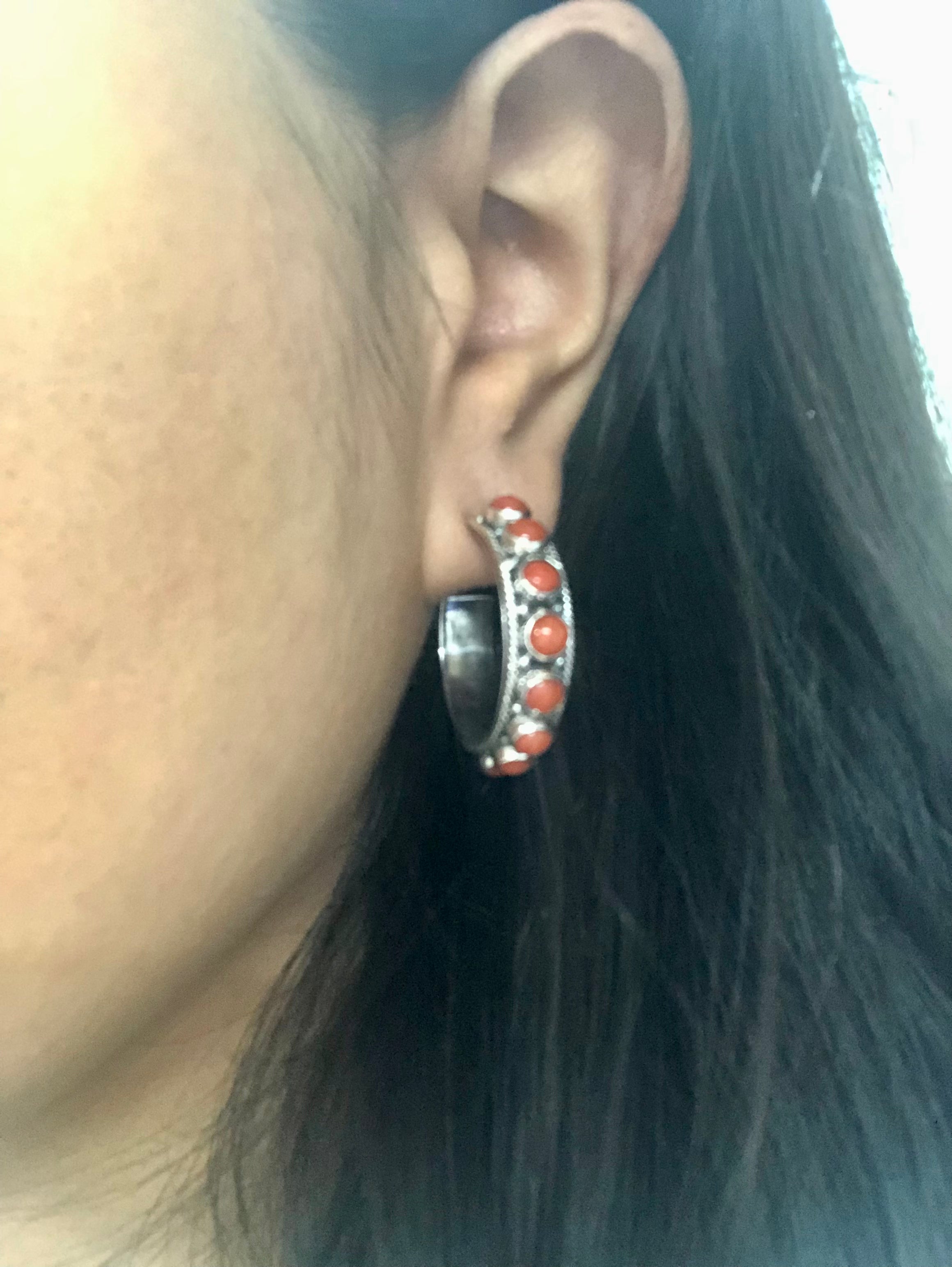 Navajo Made Coral & Sterling Silver Hoop Earrings
