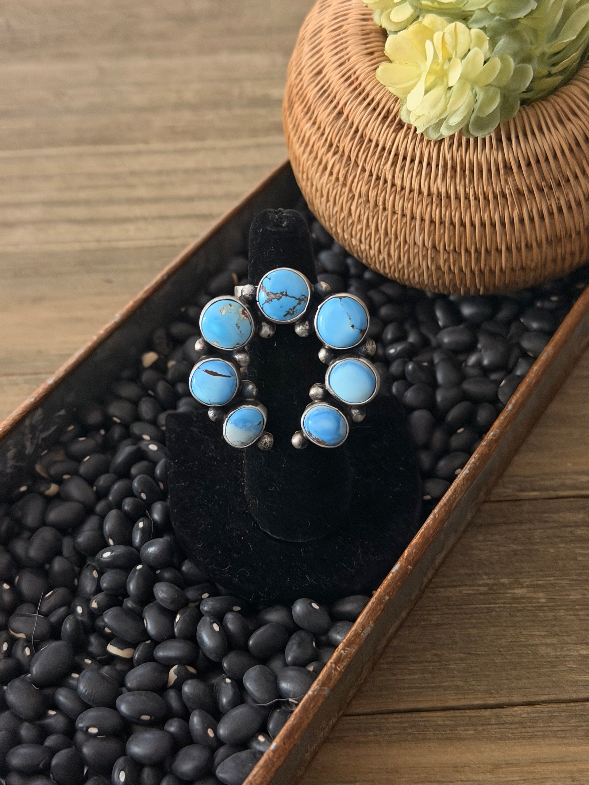 Navajo Made Golden Hill Turquoise & Sterling Silver Adjustable Naja Cluster Ring