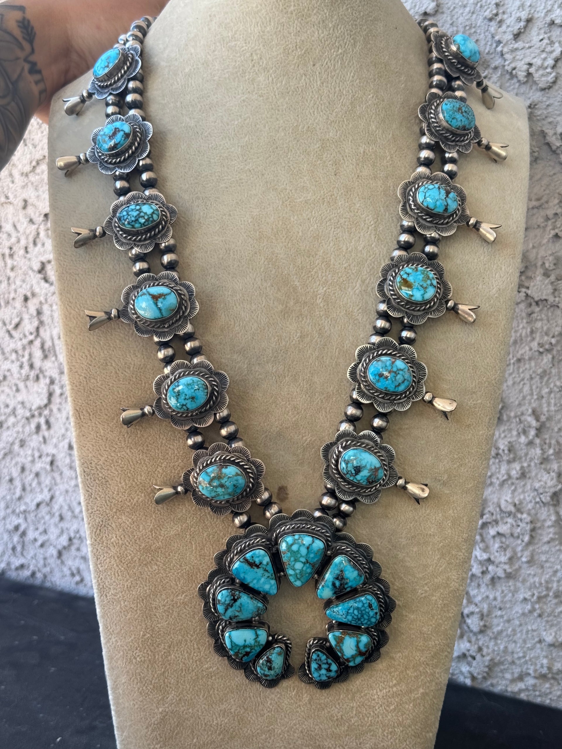 Navajo Made Kingman Turquoise & Sterling Silver Squash Blossom Necklace Set