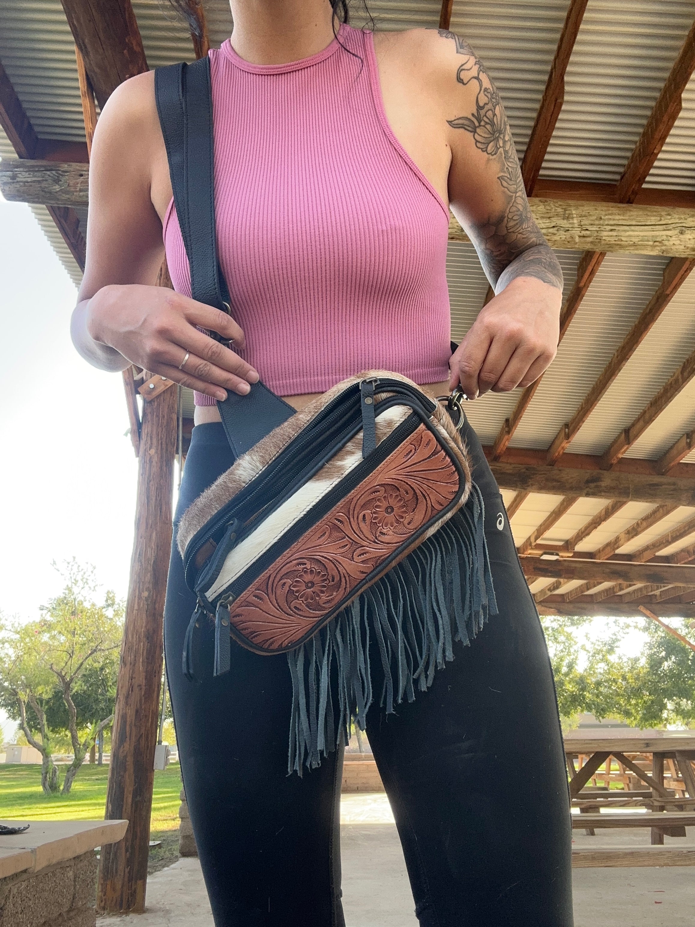 Genuine Tooled Leather Cowhide Cross Body