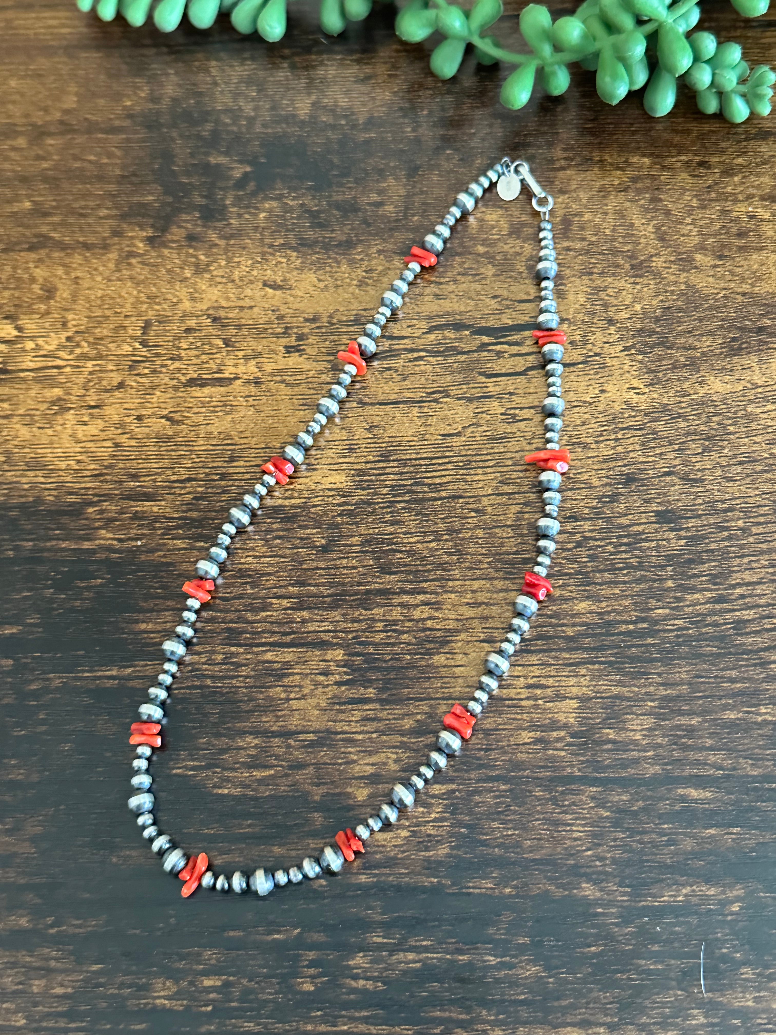 Navajo Strung Red Coral & Sterling Silver Graduated Pearls Beaded Necklace