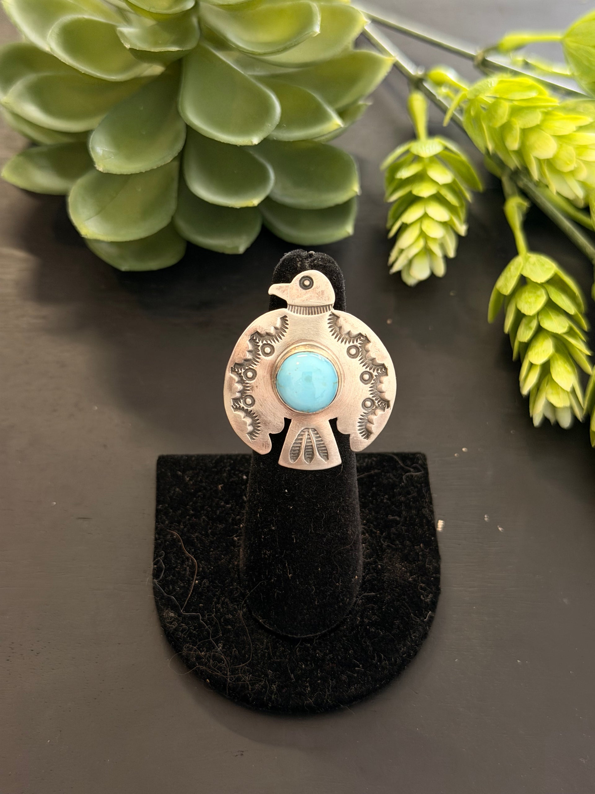 Randy Boyd Golden Hills Turquoise & Sterling Silver Thunderbird Ring Size 6
