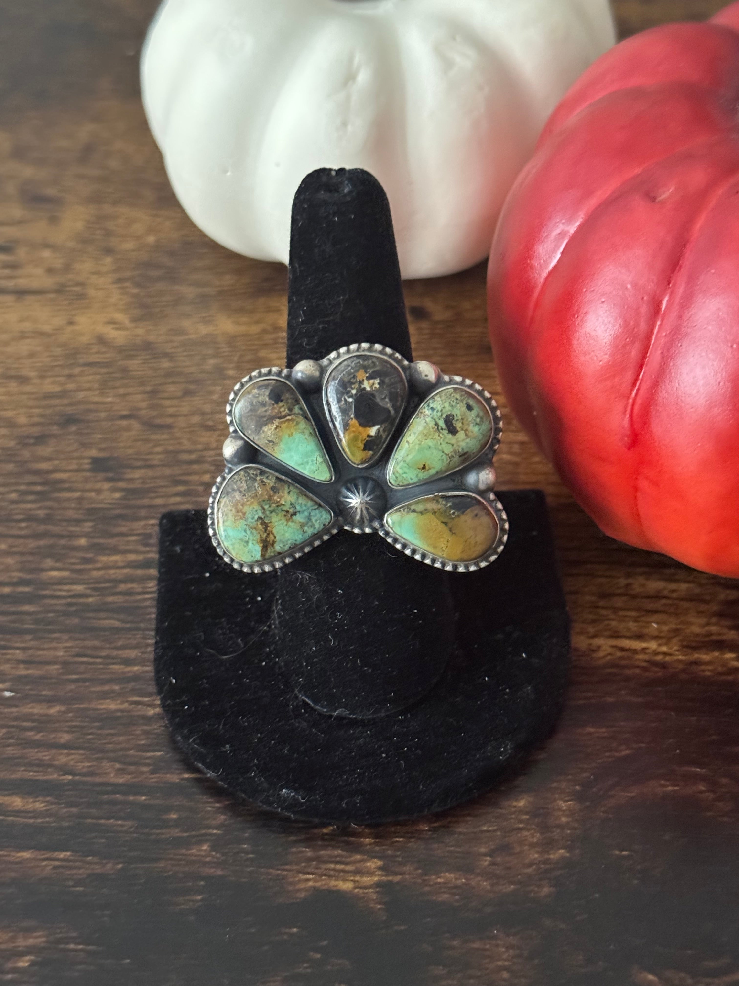 Southwest Handmade Black Jack Turquoise & Sterling Silver Adjustable Naja Ring