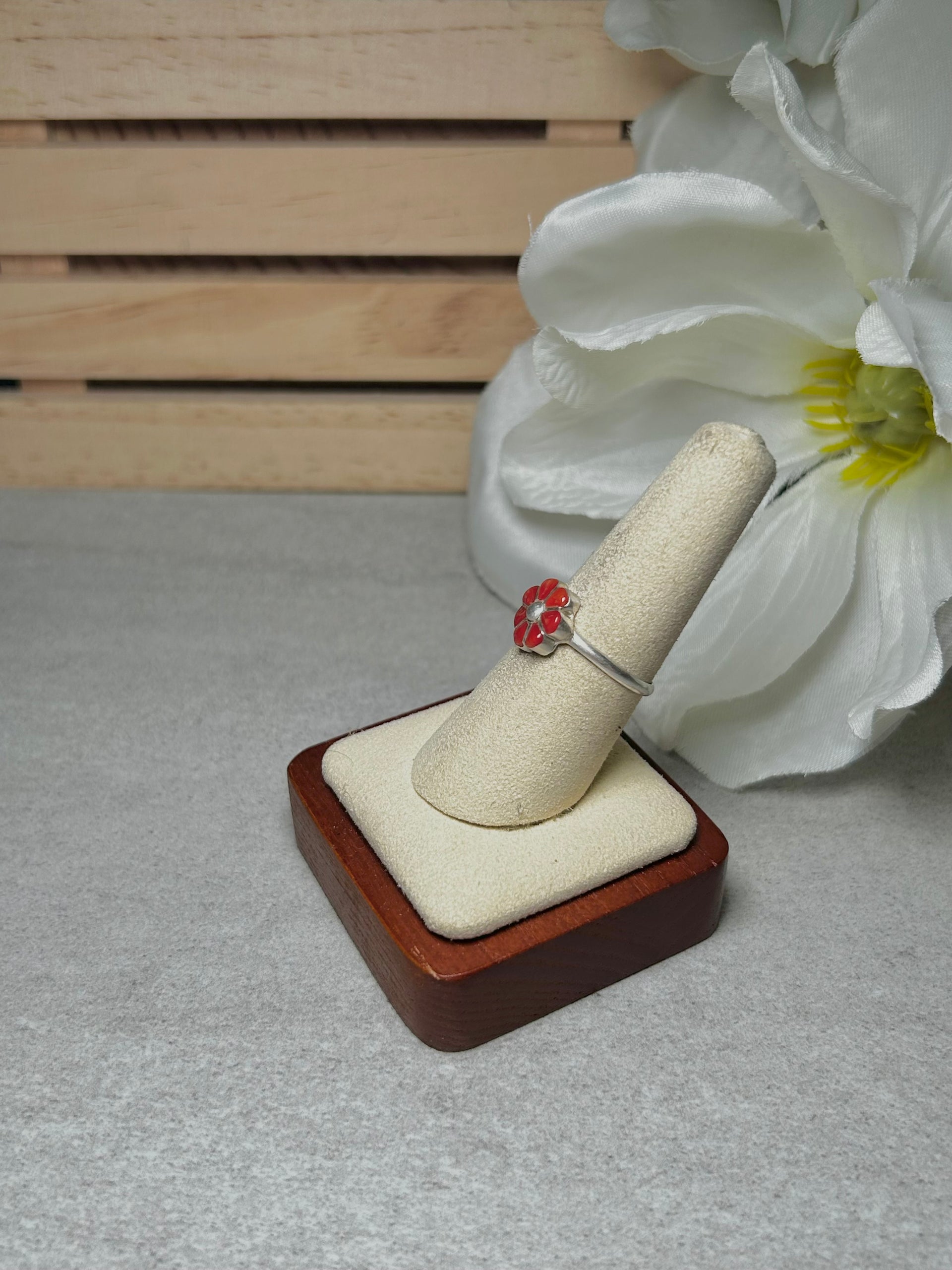 Zuni Red Coral & Sterling Silver Ring Size 8