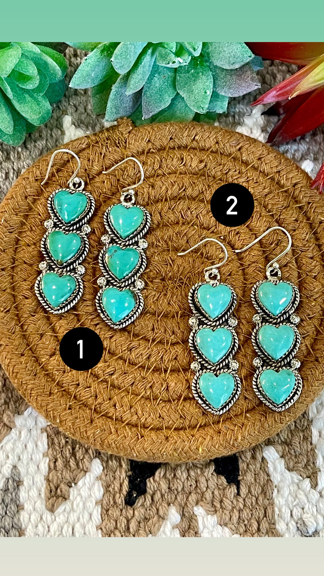 Southwest Handmade Kingman Turquoise & Sterling Silver Post Dangle Heart Earrings