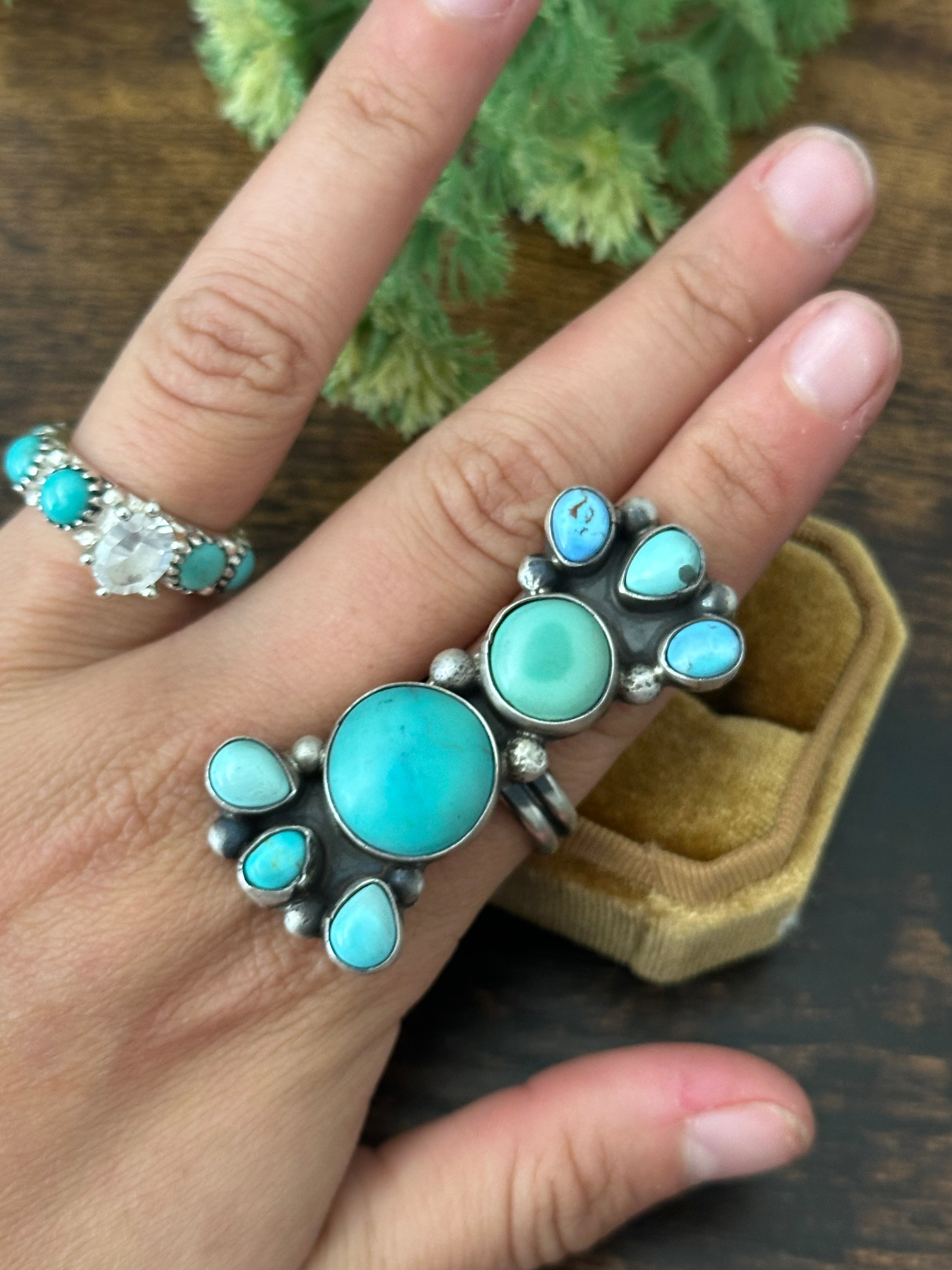 Navajo Made Multi Turquoise & Sterling Silver Adjustable Ring