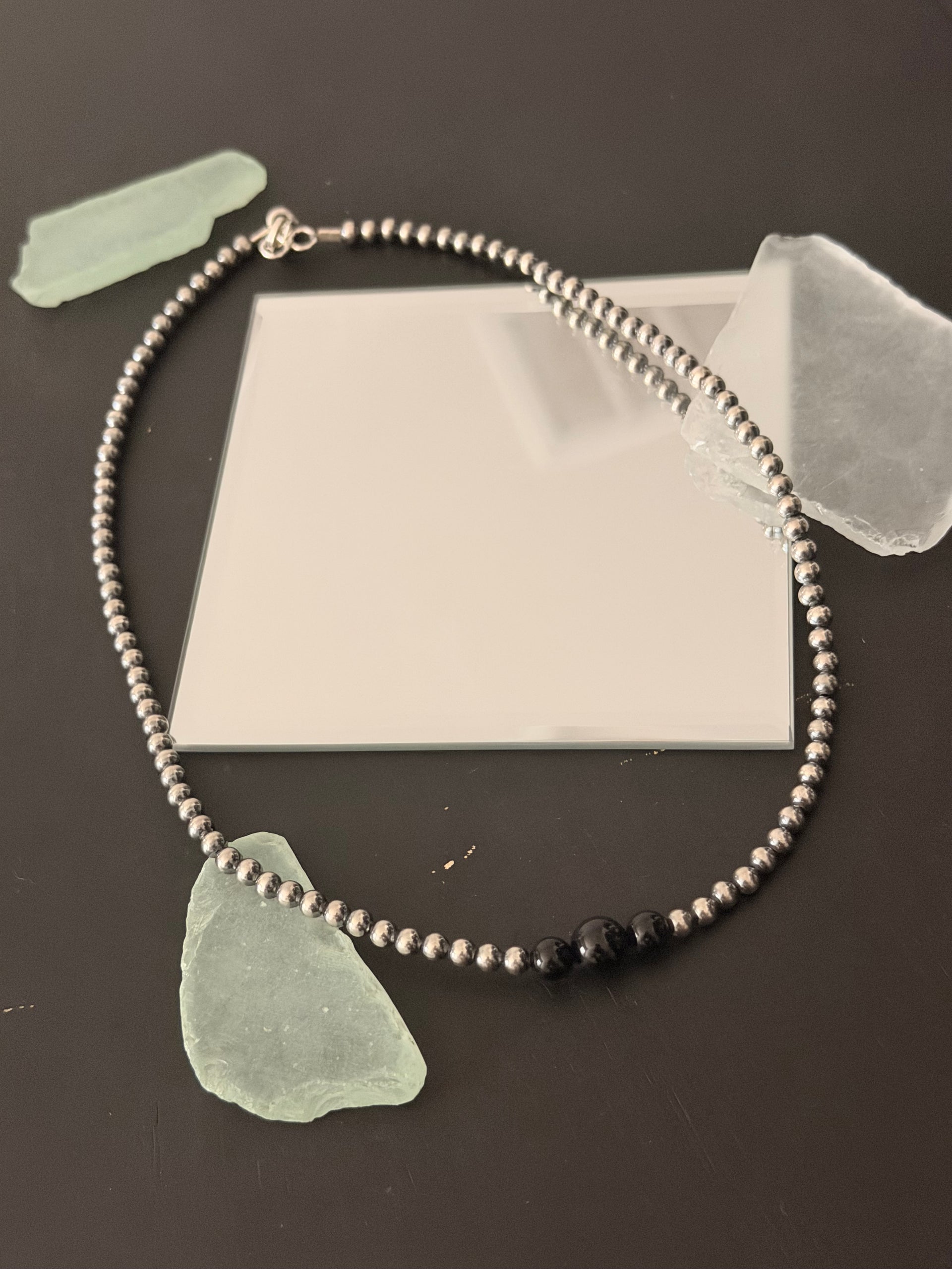 Navajo Strung Onyx & Sterling Silver Machine Made 18” Pearls Beaded Necklace