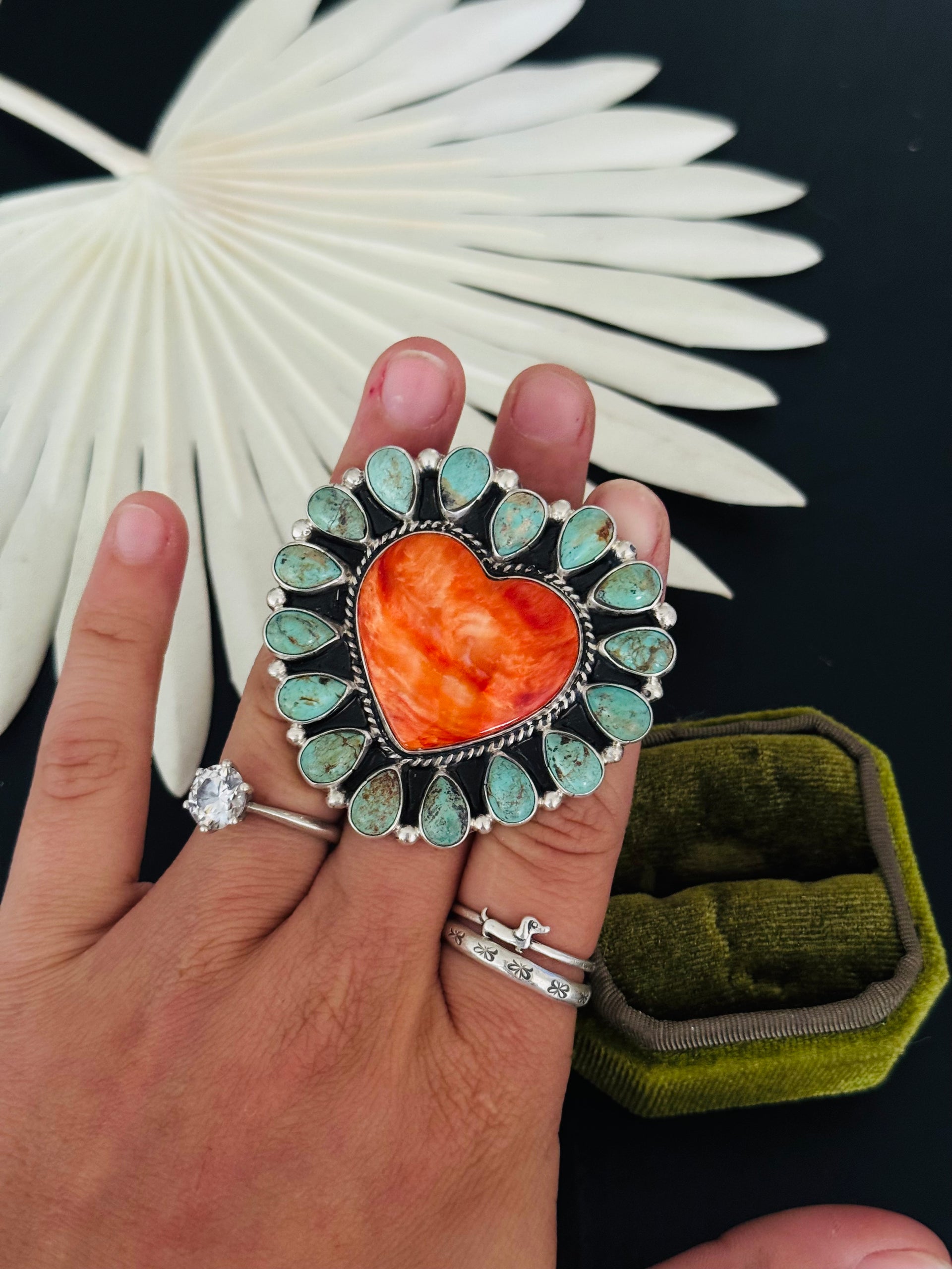 Navajo Made Multi Stone & Sterling Silver Adjustable Heart Cluster Ring