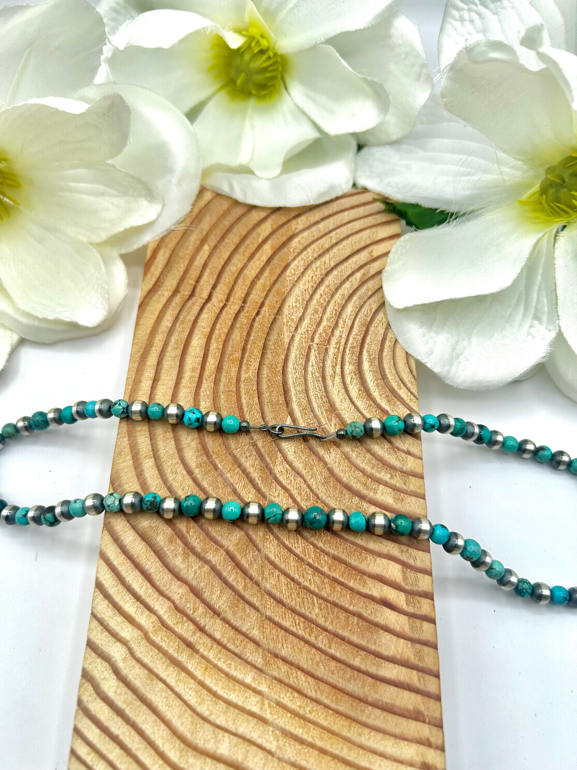 Navajo Made Strung 6 MM Red Skin Turquoise & Sterling Silver Necklace