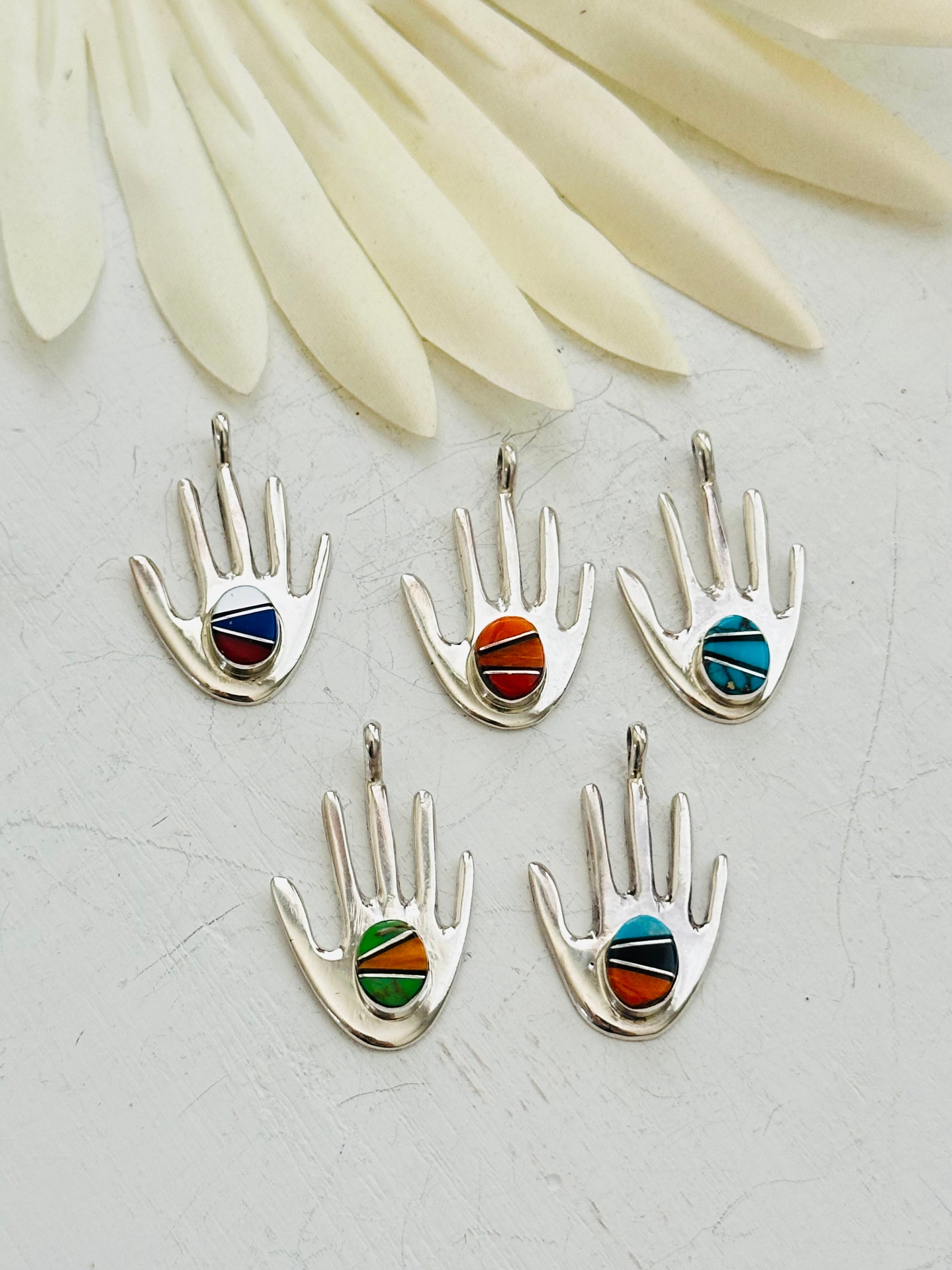 Joseph Martinez Multi Stone & Sterling Silver Inlay Hand Pendant