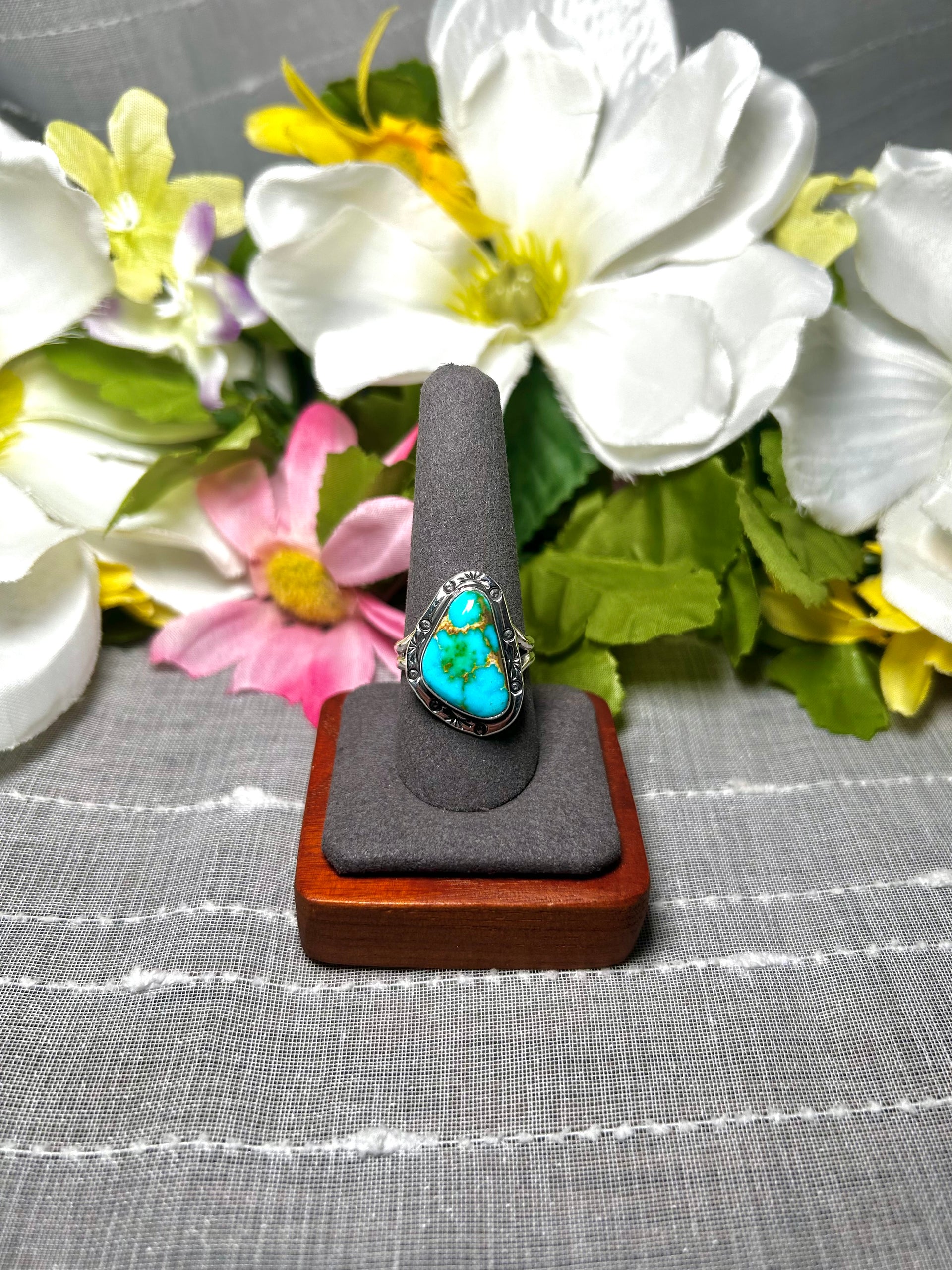 Navajo Made Natural Sonoran Mountain Turquoise & Sterling Silver Ring Size 10.25