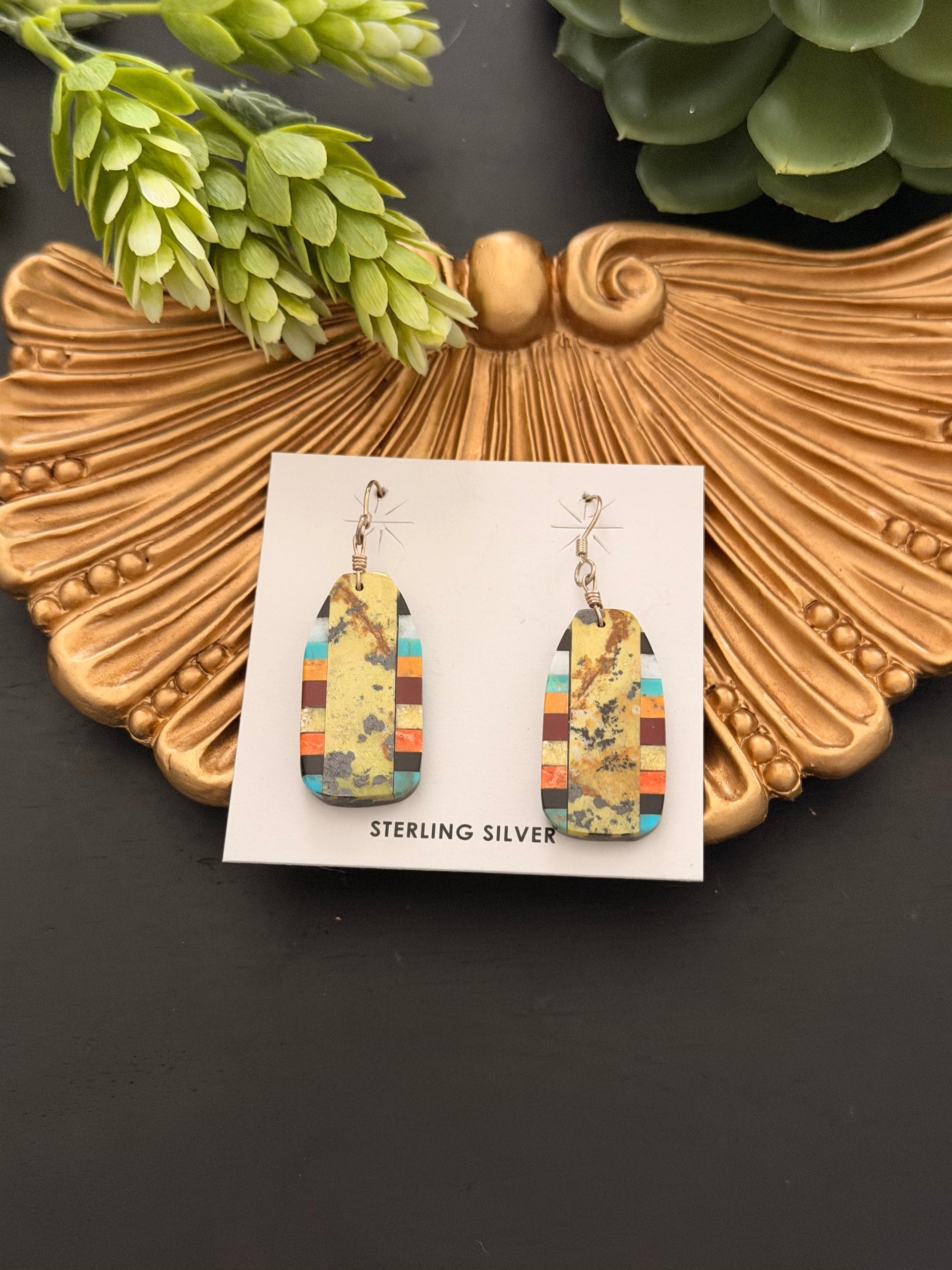Rudy Cortiz Multi Stone & Sterling Silver Inlay Dangle Earrings