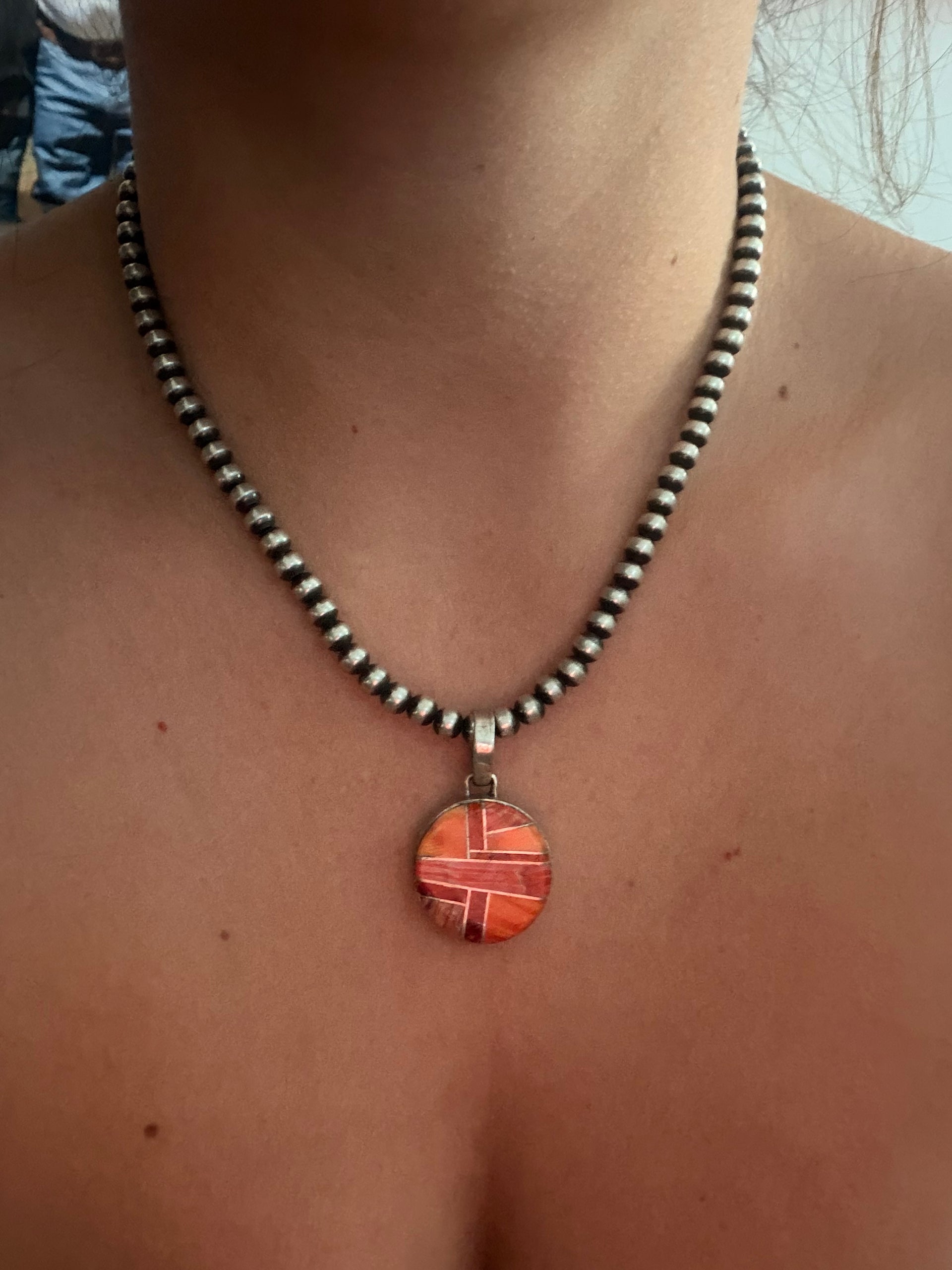 Navajo Made Spiny Oyster & Sterling Silver Inlay Pendant