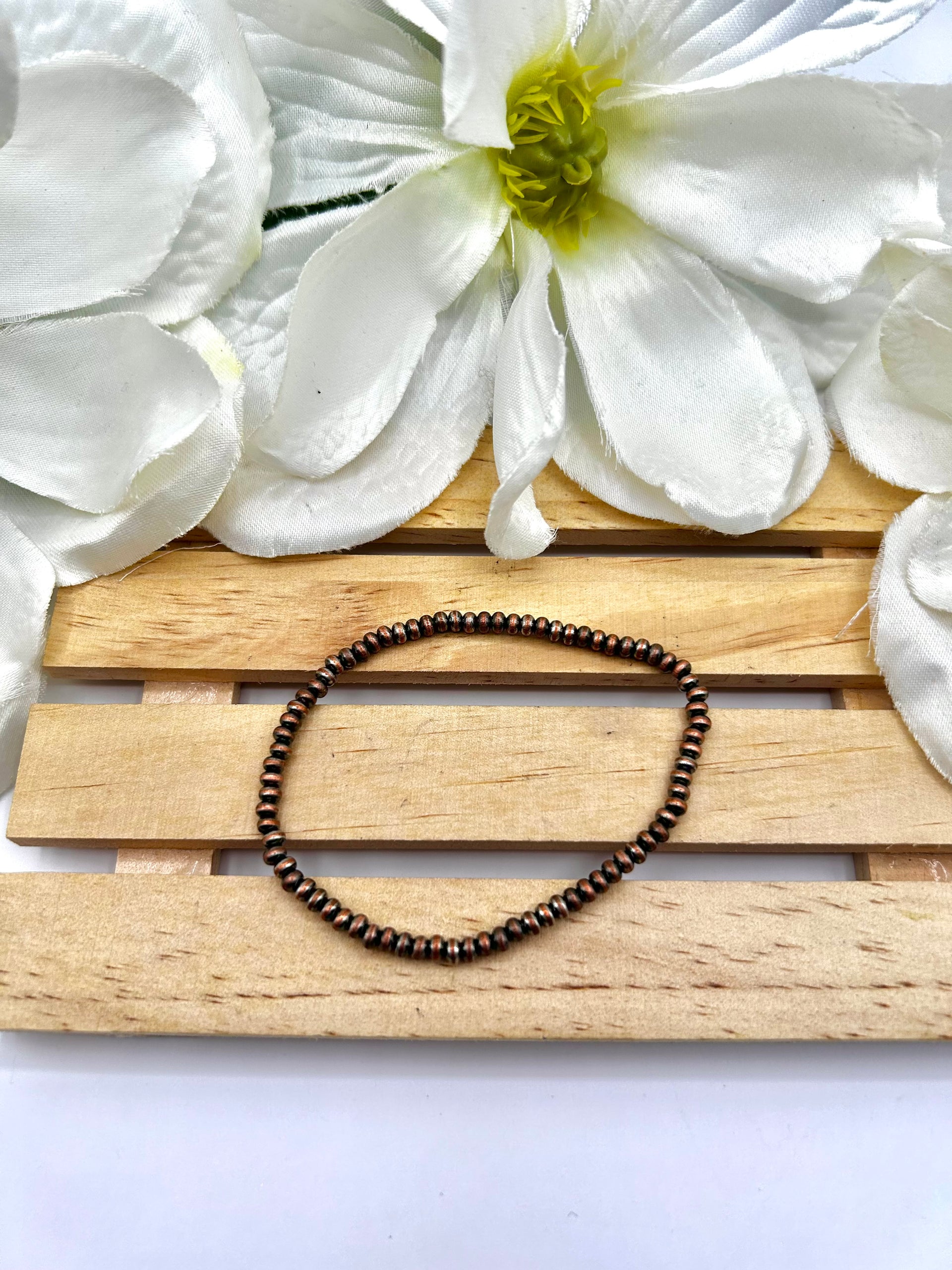 Navajo Made Strung Copper 3 MM Saucer Bead Stretchy Bracelet