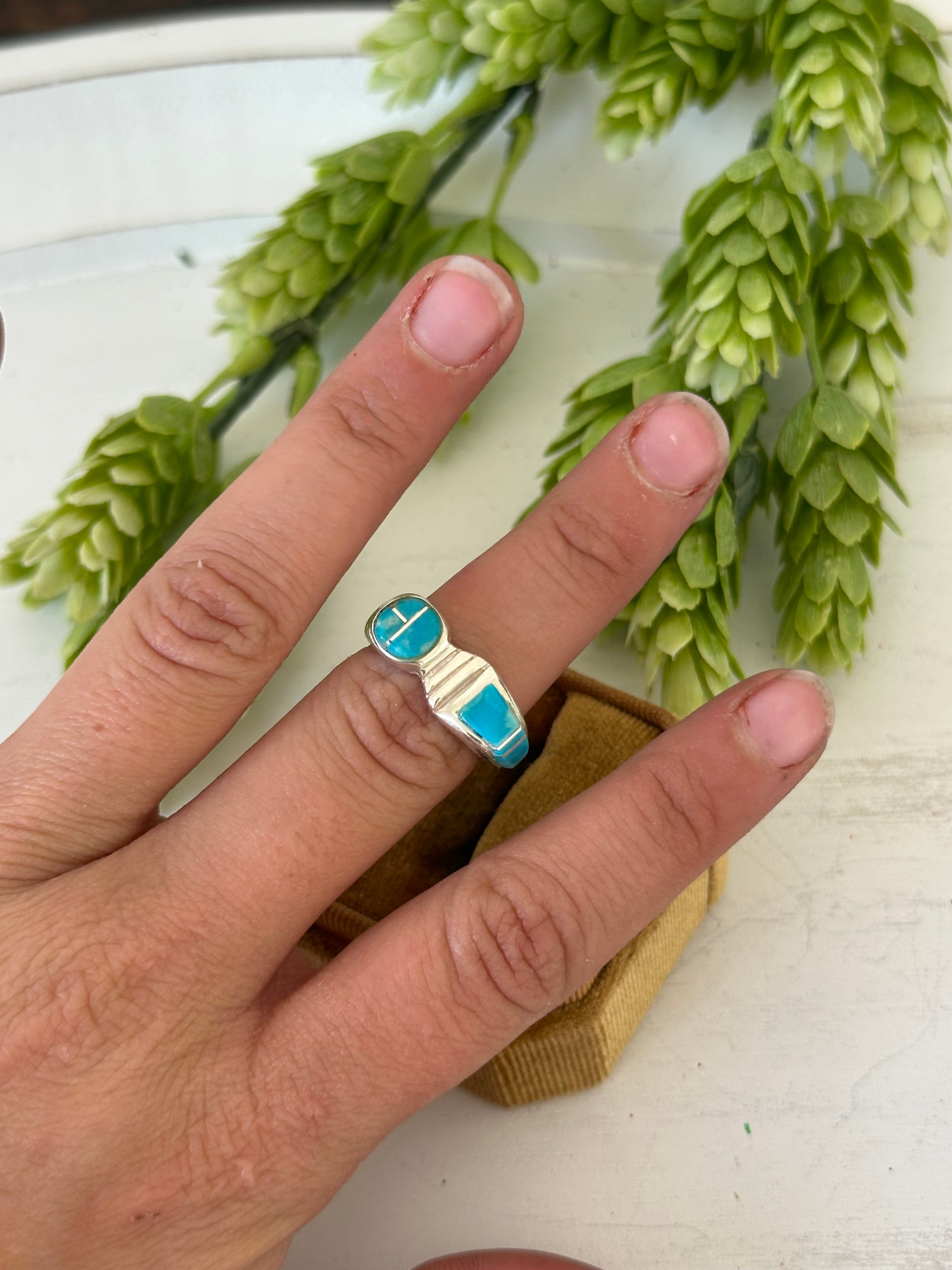 Navajo Made Kingman Turquoise & Sterling Silver Inlay Ring