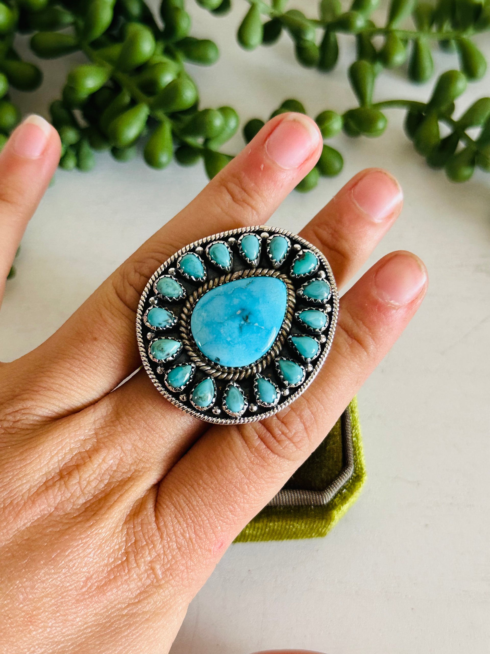 Southwest Handmade Multi Turquoise & Sterling Silver Adjustable Cluster Ring