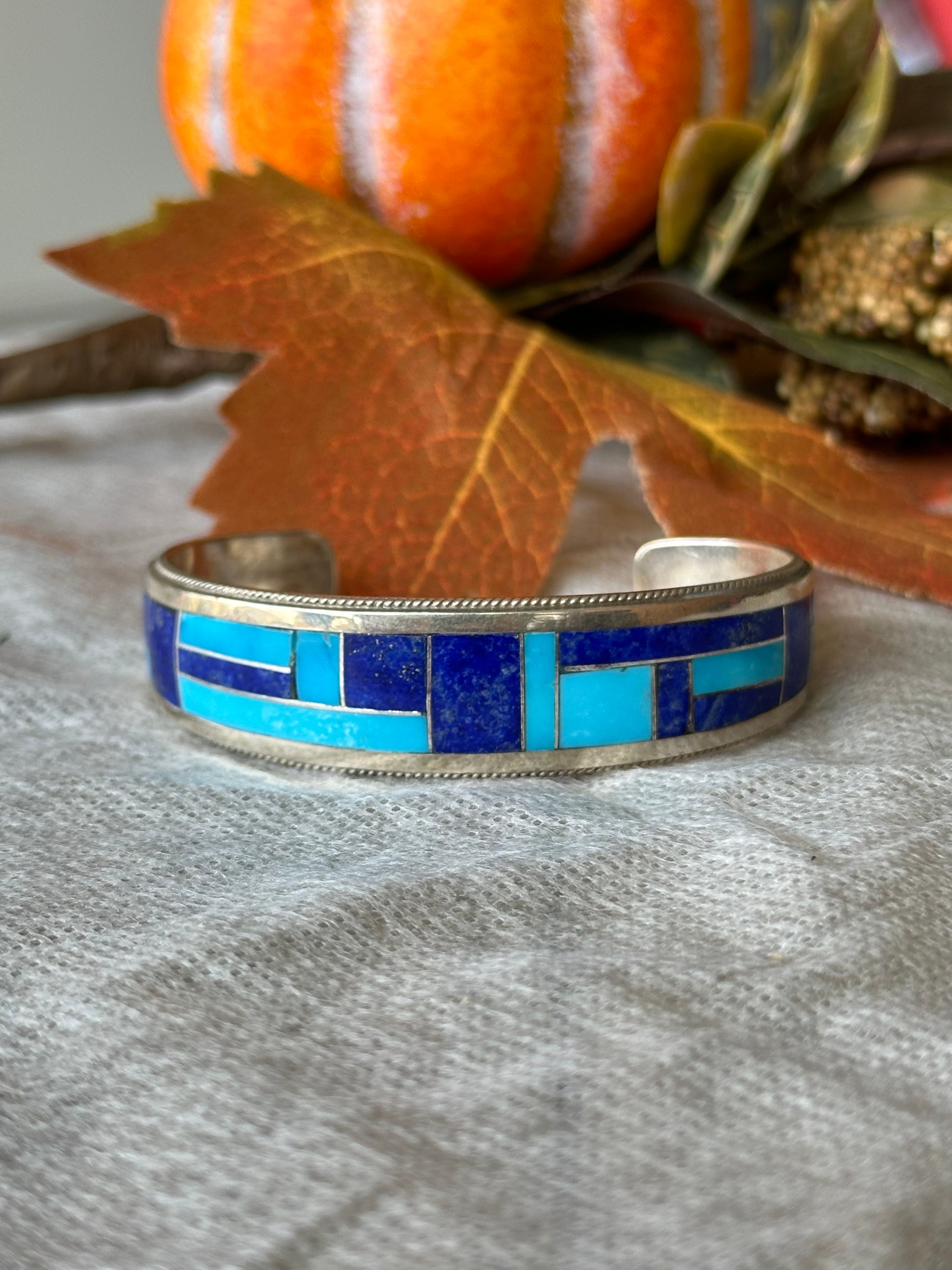 Navajo Made Multi Stone & Sterling Silver Inlay Cuff Bracelet