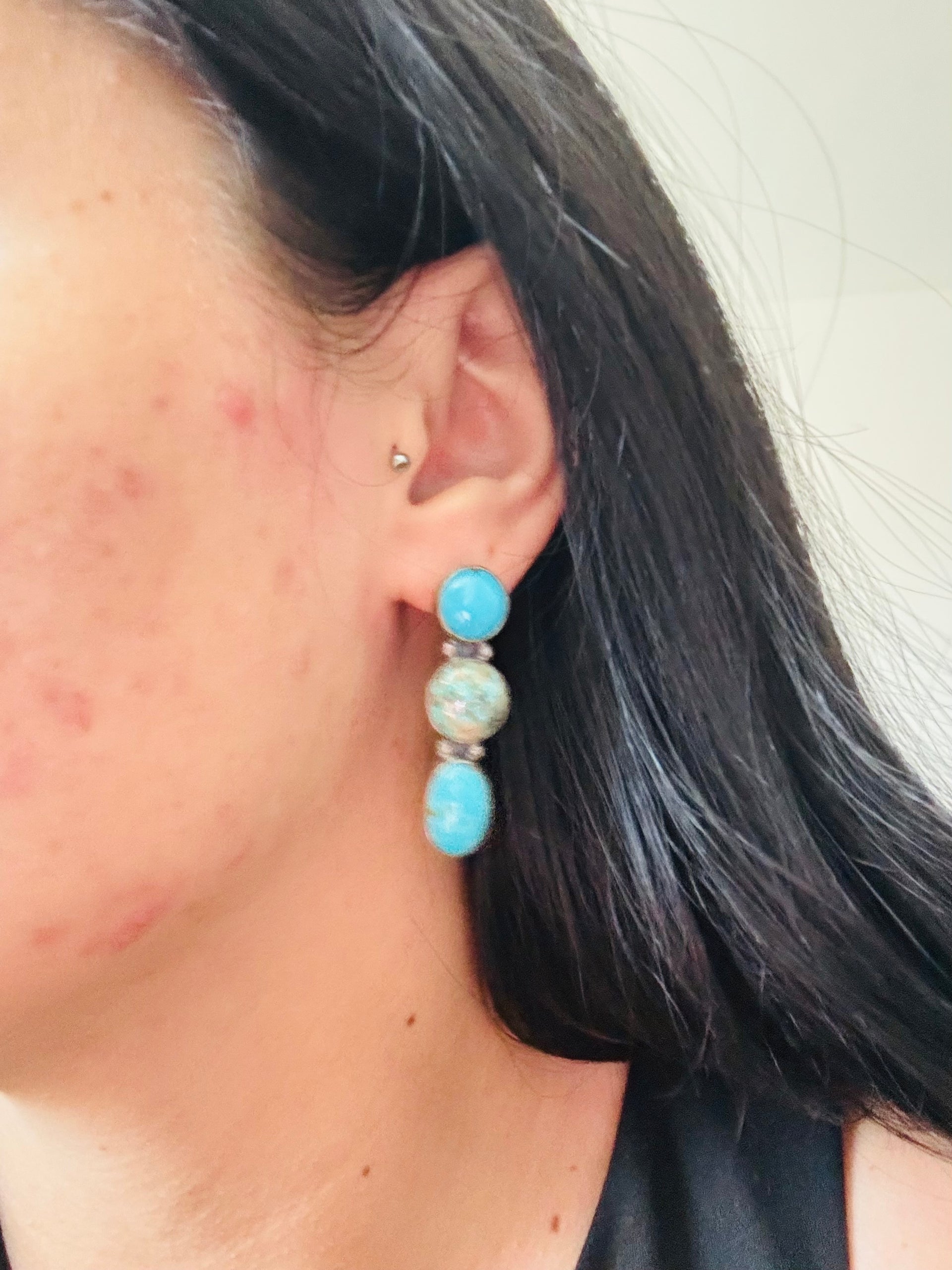 Navajo Made Kingman Turquoise & Sterling Silver Post Dangle Earrings