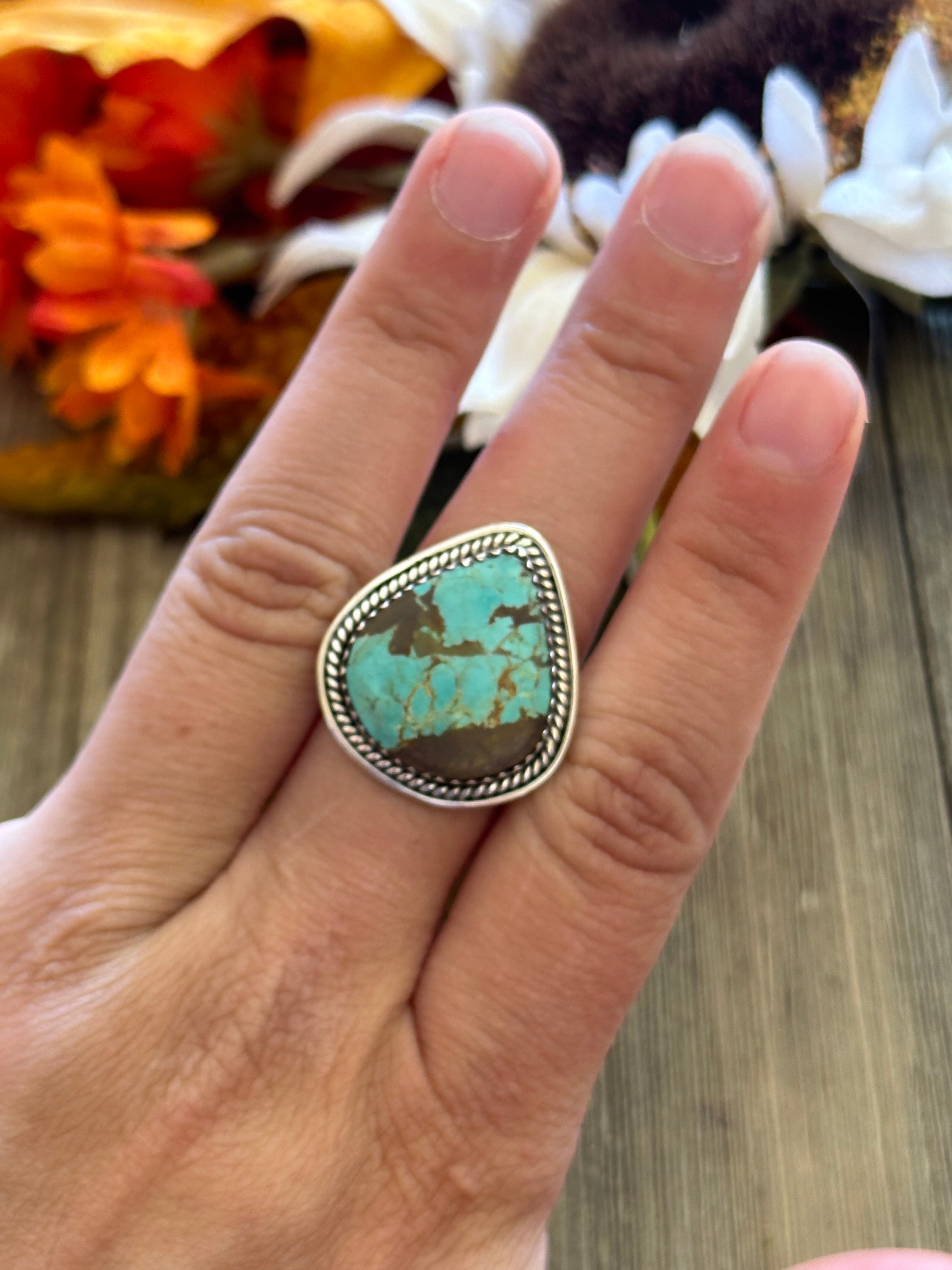 Southwest Handmade #8 Turquoise & Sterling Silver Adjustable Ring