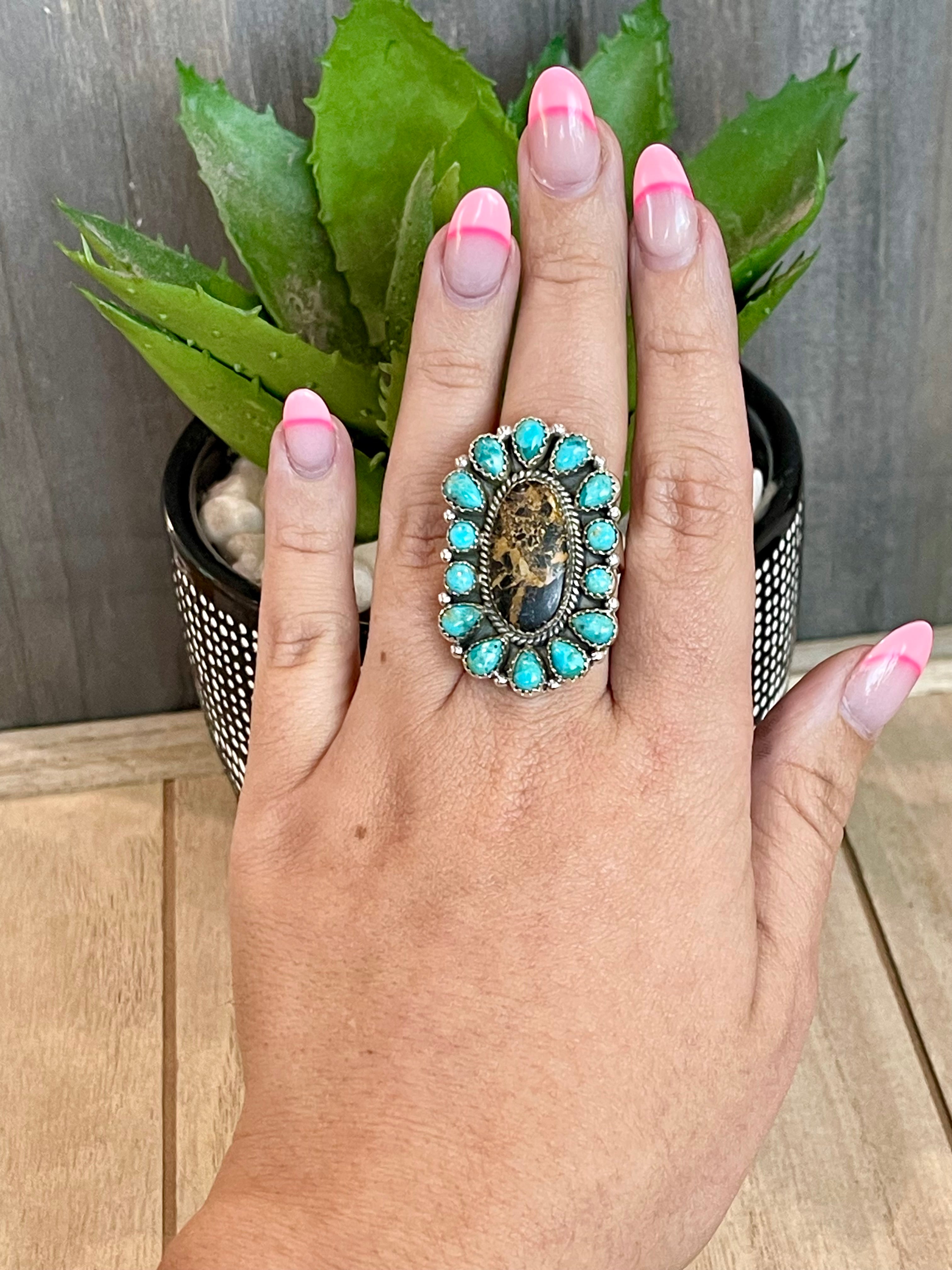 Southwest Handmade BlackJack Turquoise And Kingman Turquoise & Sterling Silver Adjustable Ring