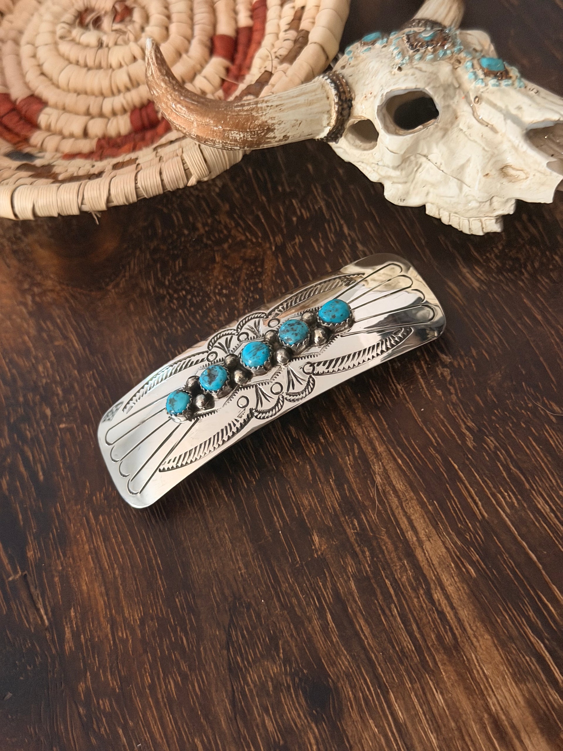 Navajo Made Kingman Turquoise & Sterling Silver Hair Barrette