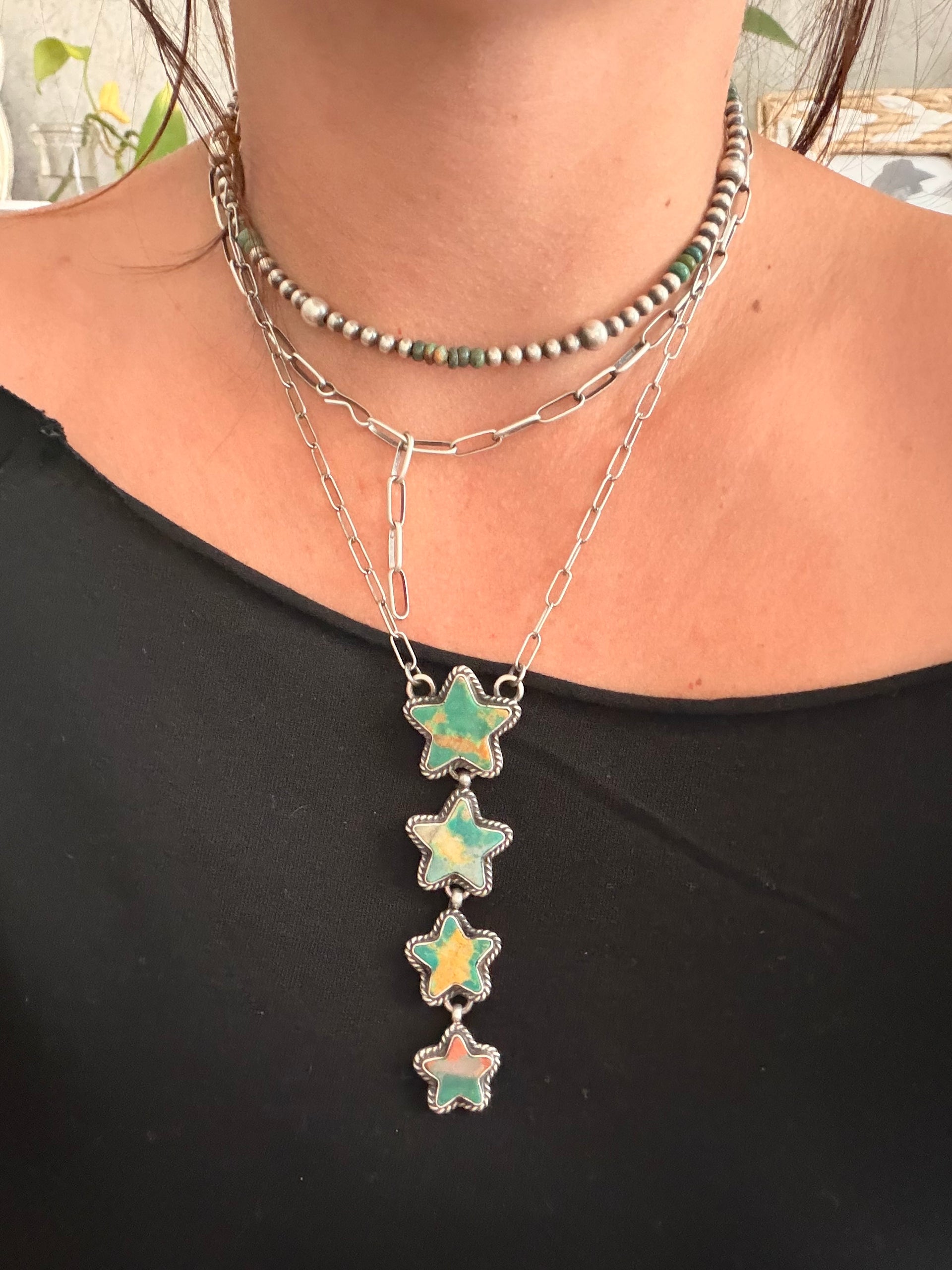 Jon McCray Fox Turquoise & Sterling Silver Star Lariat Necklace