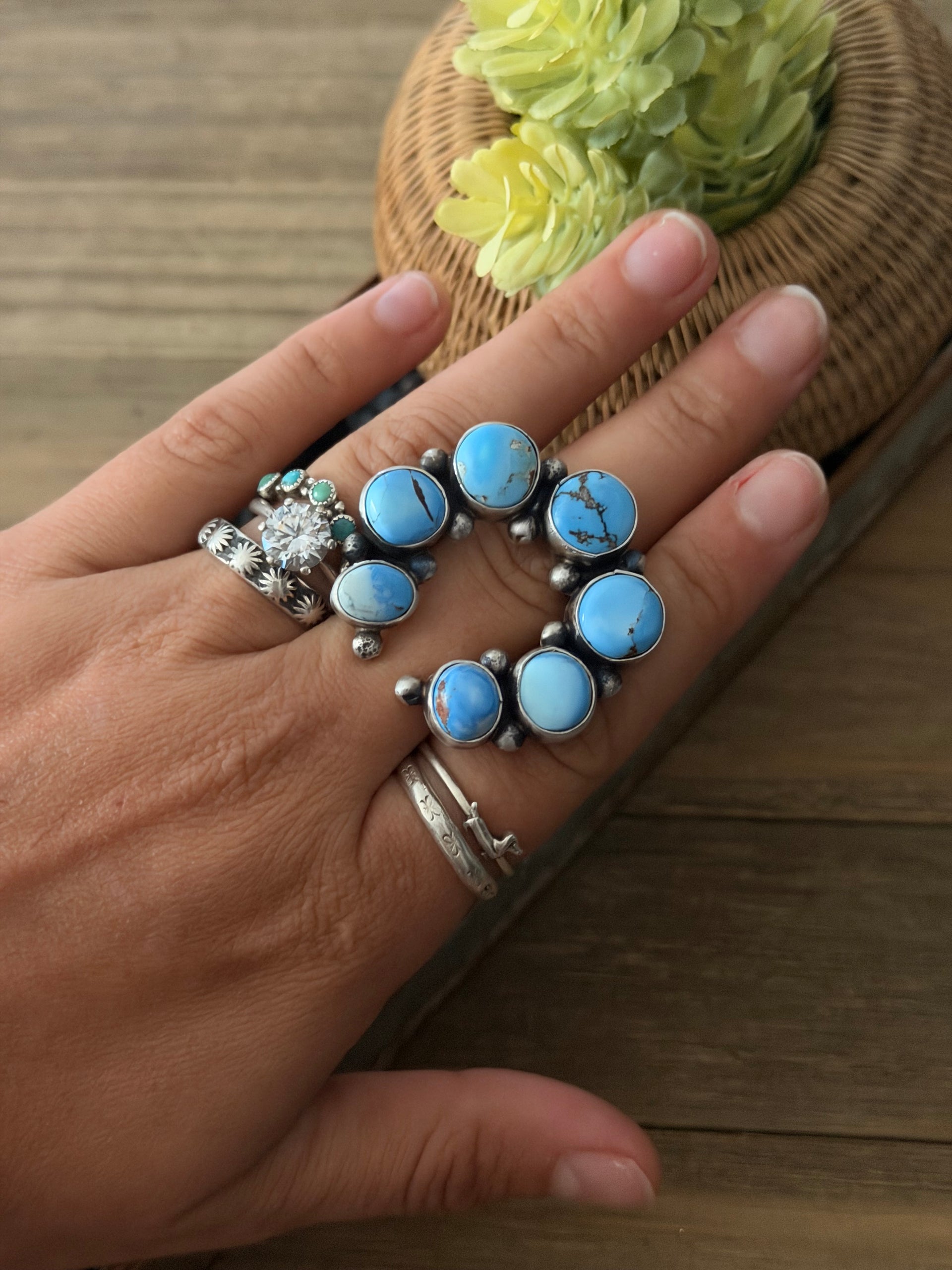 Navajo Made Golden Hill Turquoise & Sterling Silver Adjustable Naja Cluster Ring